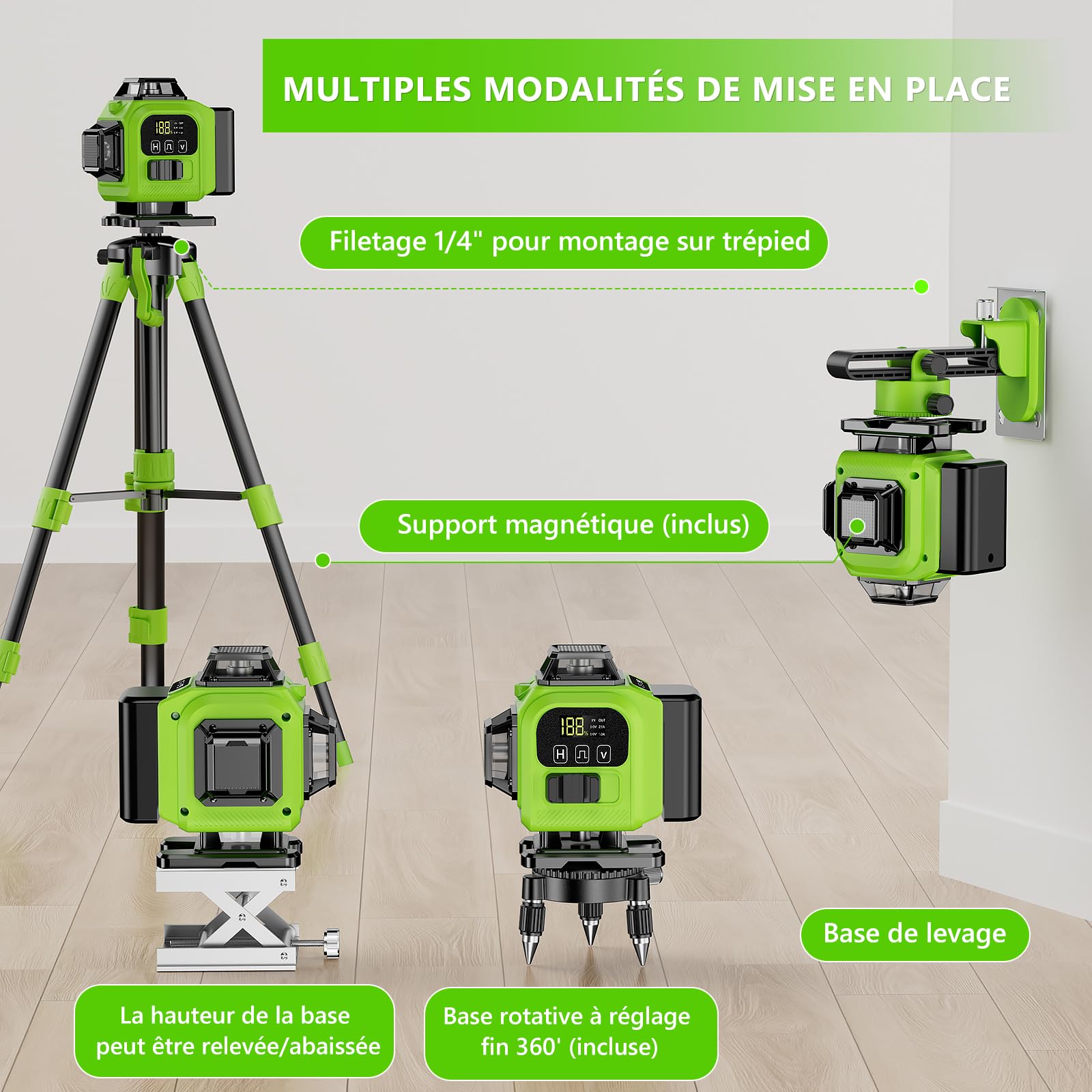 Niveau Laser Chantier Autonivelant 360° x 4, Lazer Niveaux 4D 16 Lignes Laser, Autonivellement et Mode Pulsé Extérieur, 2 x Batterie, Nivellement Automatique, Support Rotatif, Télécommande, Trépied
