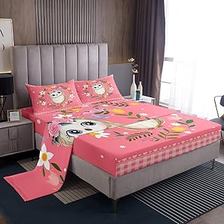 Erosebridal Kawaii Owl Bed Sheets Set for Girls Boys Kids Cute Animal Full Size Sheet Sets, Lovely Lattice Sheets Multicolor Florals Bed Set, Pink Love Heart Print Flat Sheet Soft Cozy