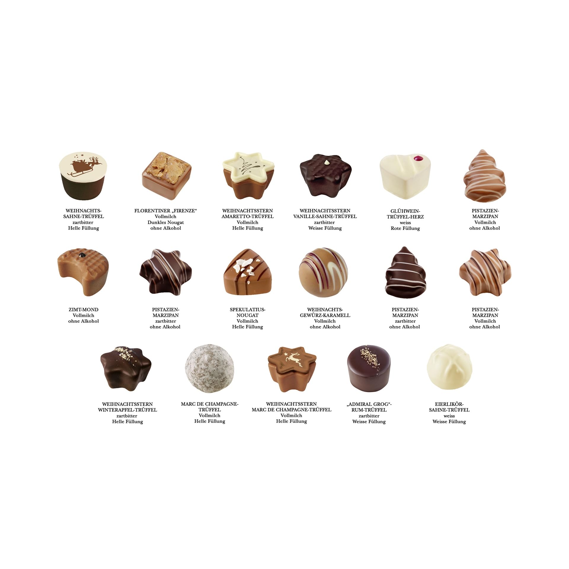 Lauensteiner Boîte au trésor de Noël Joyeux Noël 300 g faite à la main truffes et chocolats 16 assortis avec ou sans alcool Cadeau idéal pour les hommes et les femmes