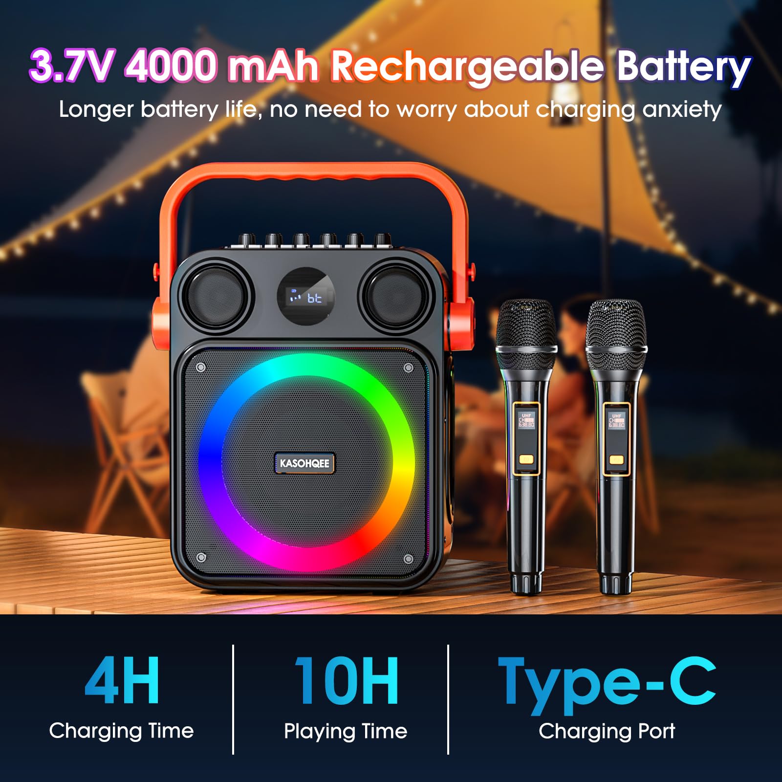 Karaoke-Maschine für Erwachsene, tragbarer Bluetooth-Karaoke-Lautsprecher mit zwei kabellosen Mikrofonen, 3,7-V-Lautsprecher, unterstützt TWS, TF-Karte/USB, AUX-Eingang, REC, Bass und Höhen für
