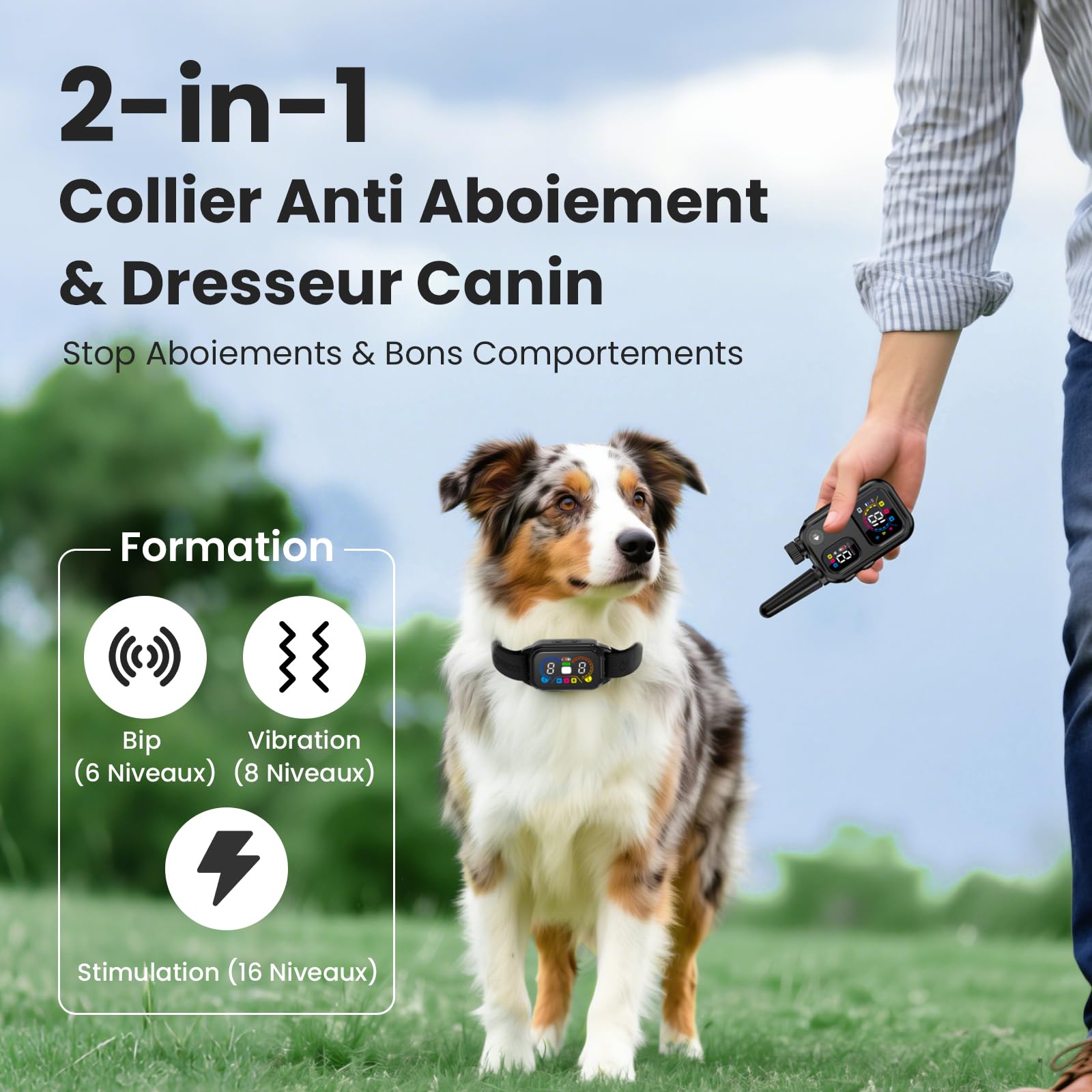 ABBIDOT 2-en-1 Collier De Dressage pour Chien - 8 Sensibilité Collier Anti Aboiement, Portée De 1500m, 4 Modes, Étanche, Rechargeable, Lumière, Verrouillage De Sécurité (Noir Mat) - 5