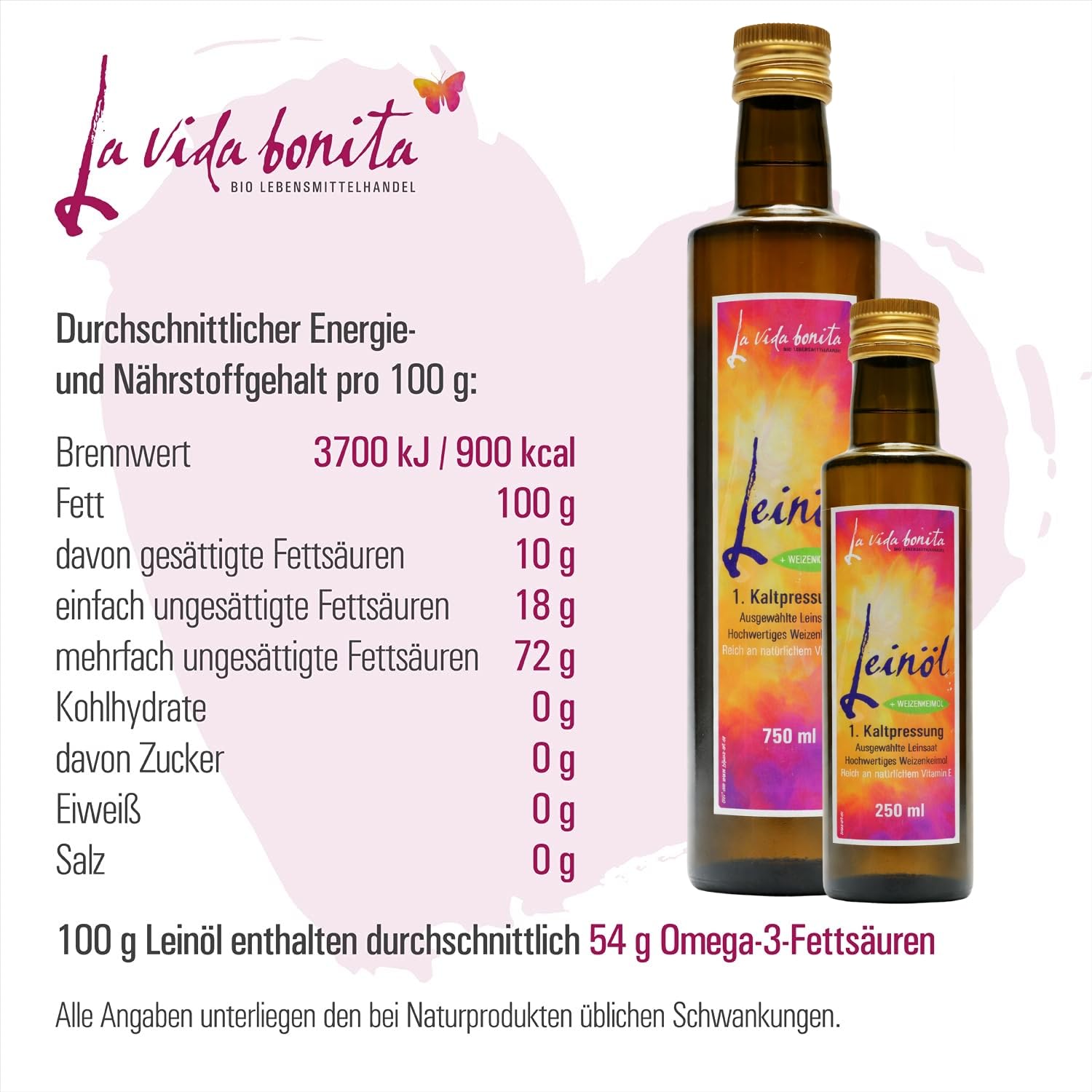 Leinöl mit Weizenkeimöl | DOPPEL-Pack 2x 750 ml | 100% frisch aus 1. Kaltpressung in Deutschland I Reich an Omega-3-Fettsäuren | vegan, Rohkost, laktosefrei & glutenfrei