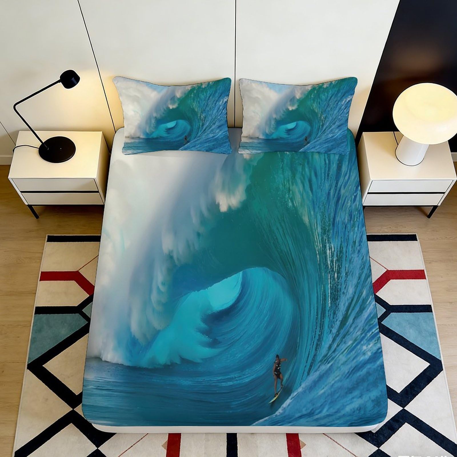 3D Printed Ocean Wave Fitted Sheet Microfiber Blue Sea Surf Mattress Cover for Bedroom Guest Room Decor Easy Care 90x200x25cm