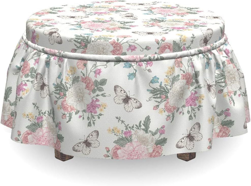 Lunarable Shabby Flora Ottoman Cover, Spring Flora and Fauna, 2 Piece Slipcover Set with Ruffle Skirt for Square Round Cube Footstool Decorative Home Accent, Standard Size, Pale Pink