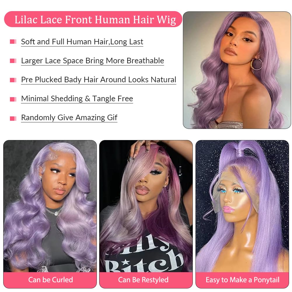 Lilac Human Hair Wigs for Women 13x6 HD Transparent Glueless Light Purple Colored Lace Frontal Wigs Human Hair Pre Glueless Plucked Bleach Knots 20 Inch 150% Density Full Straight Lilac Lace Wig