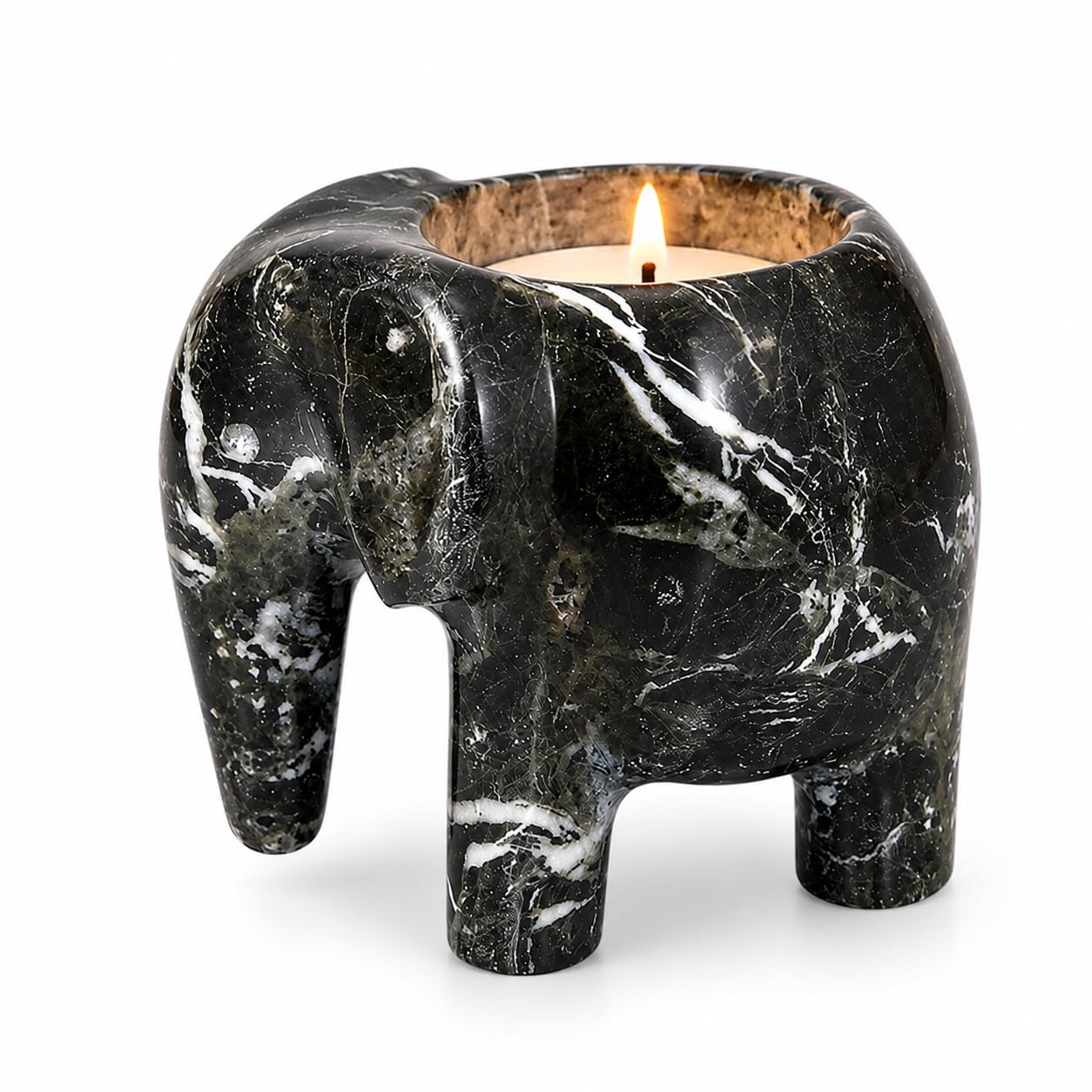 Onyx Elephant Tea Light Elephant Light Candle Holder Ornament Fossil Stone (Black Marble)