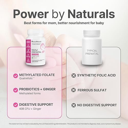 Miniatura 9 de Power By Naturals Metil prenatal con probióticos - Vitaminas prenatales para mujeres con hierro, folato de metilo, jengibre, B12 activo y 27+