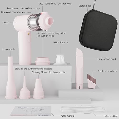 Miniatura 6 de Aspiradora de coche, soplador de aire portátil 4 en 1 16000 PA de alta potencia de 90  plegable inalámbrico sin escobillas, color rosa