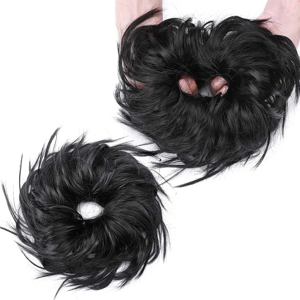 Tousled Updo Messy Bun Hair Extension Instant Ponytail With Elastic Rubber Band Updo Chignon Donut Scrunchies Extensions Hairpiece Synthetic Wavy Hair for Women Dark Black - Image 3