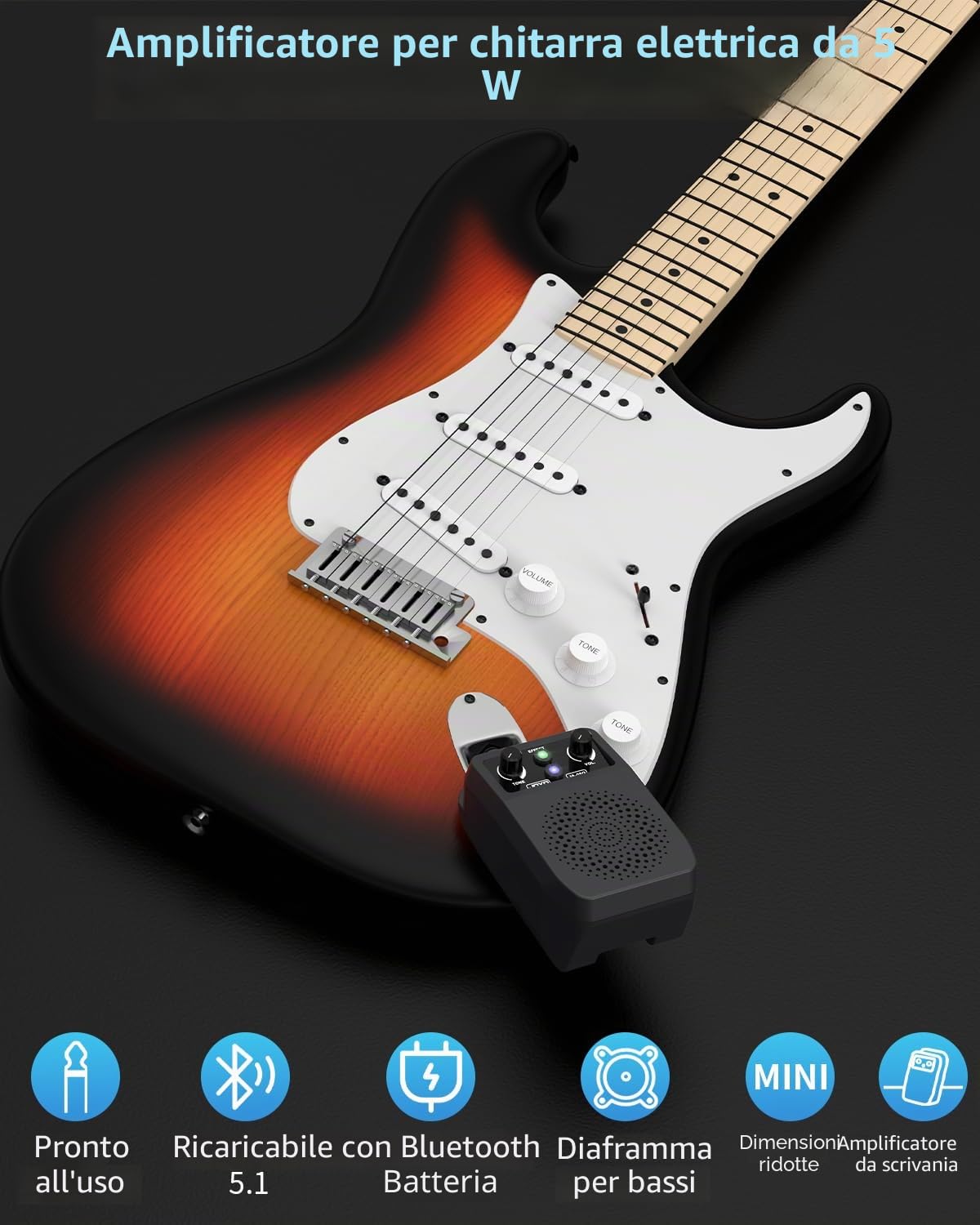JOYO Mini amplificatore per chitarra portatile 5 W Bluetooth ricaricabile con effetti integrati