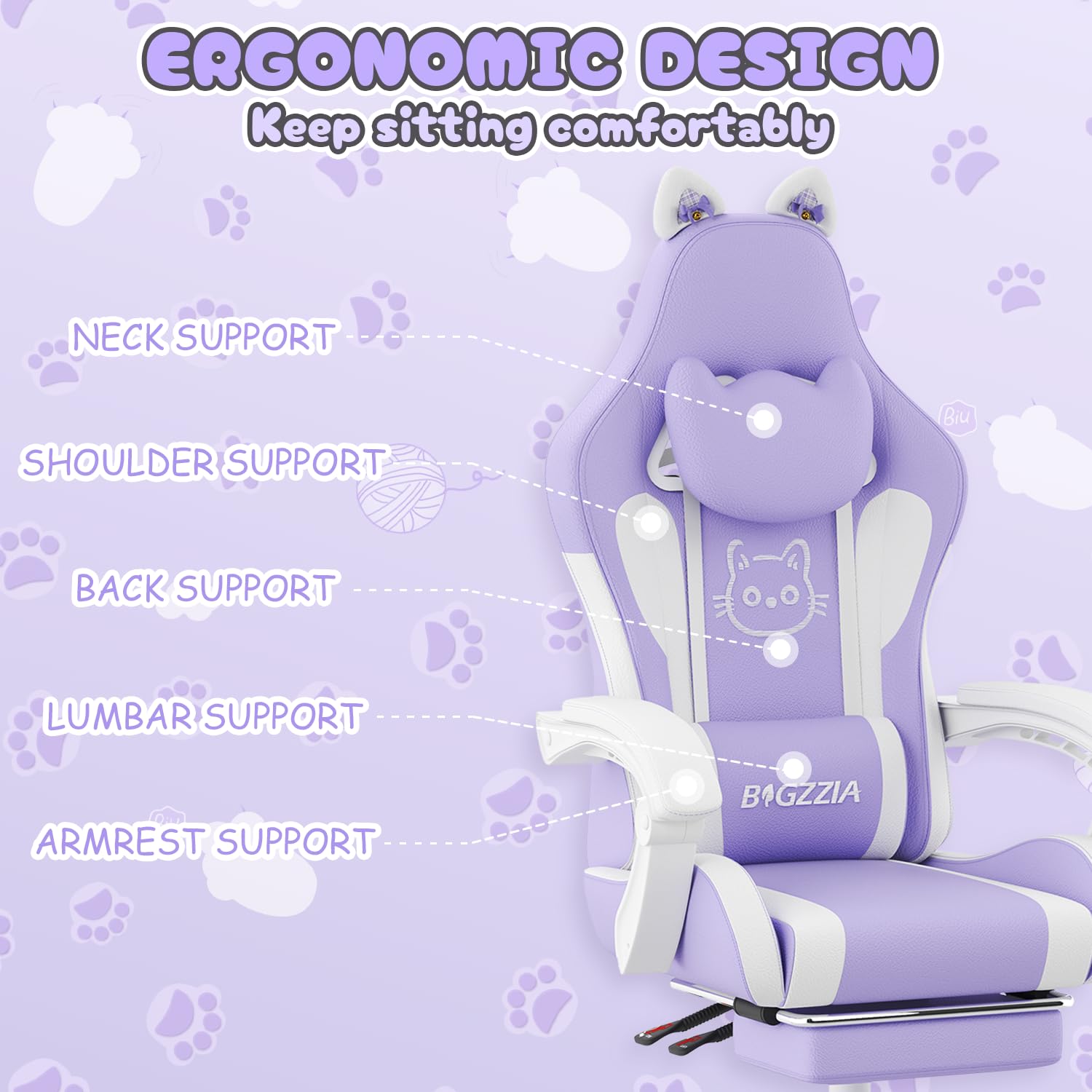bigzzia Chaise de Gaming Ergonomique avec Oreilles de Chat pour Filles et Adultes, Chaise de Jeu d'ordinateur réglable en Hauteur avec Appui-tête et Support Lombaire de Massage (Violet et Blanc)