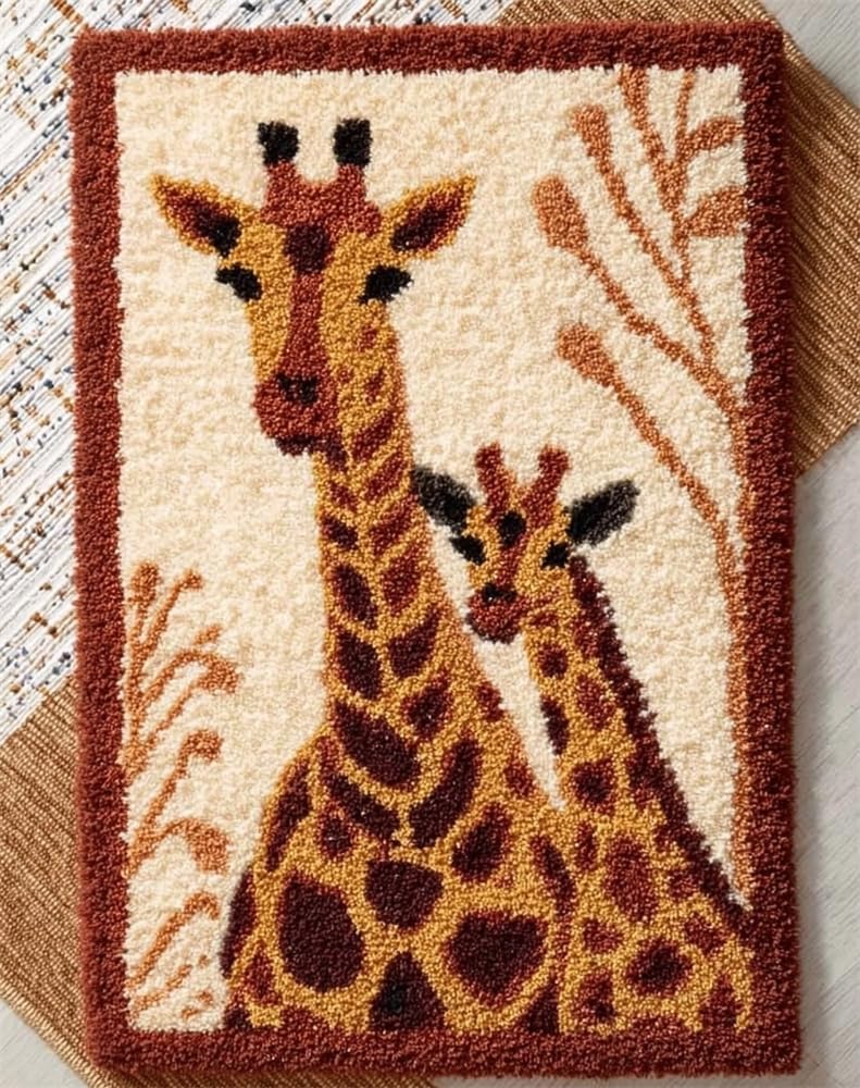 FWRTYCB Latch Hook Kits Rug Making Crafts with Colorful Pattern Printed,Giraffe 20X15Inch Large Latch Hook Rug Kit Tapestry Rug Making Kits DIY Crafts Unfinished Handmade Crochet Yarn for Adults Beg