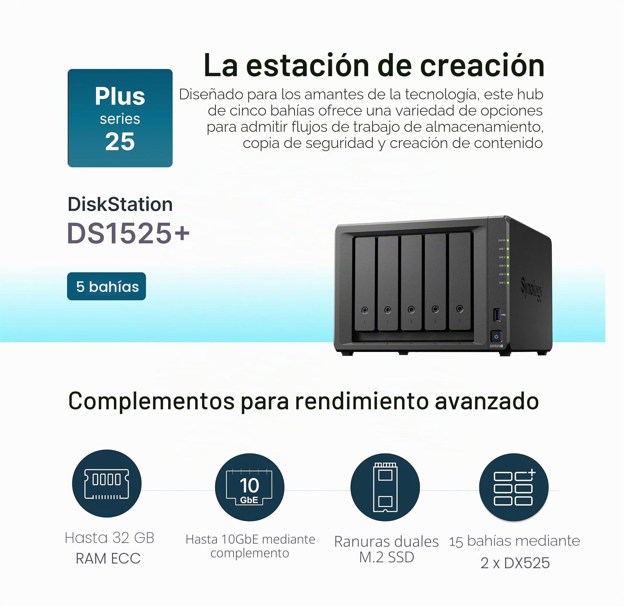Synology Kit NAS expandible de 5 bahías, CPU AMD RyzenCPU DS1525+ con Memoria de 8 GB, usuarios estándar de 2.5 GbE, Distribuidor Autorizado Nacional, Field Lake, Soporte telefónico, DiskStation
