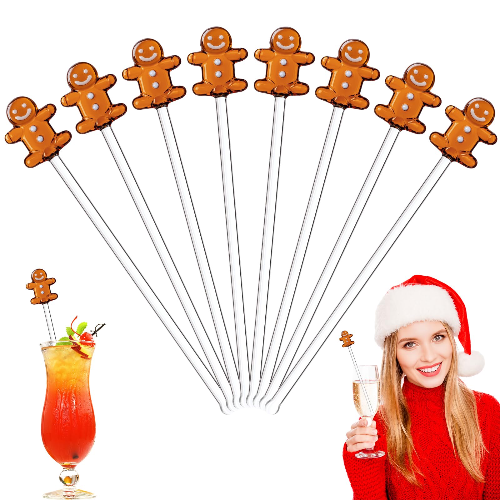 Pickmesh 8 Pcs Christmas Drink Stirrers Glass Gingerbread Man Cocktail Stirrers Reusable Stir Swizzle Sticks Hot Cocoa Bar Supplies Chocolate Decoration for Home Office Bar Restaurant