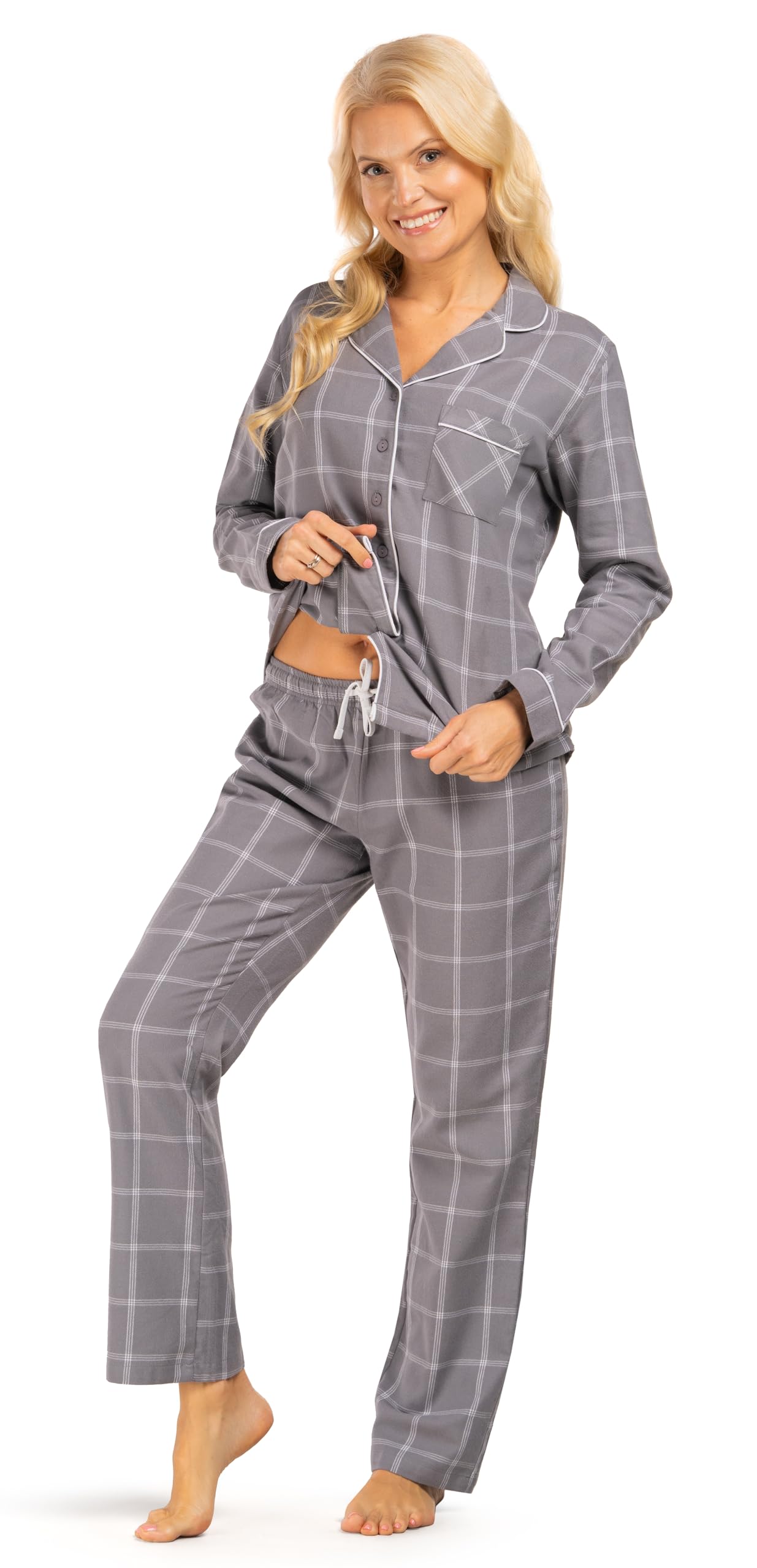 Consult-Tex Damen Flanell Pyjama 3-teilig mit Langarm - Pyjama Set mit 1 Hose & 2 Langarm Oberteilen aus Reiner angerauter Baumwolle. 3er Set für Frauen mit Knopfleiste schönem Karodessin