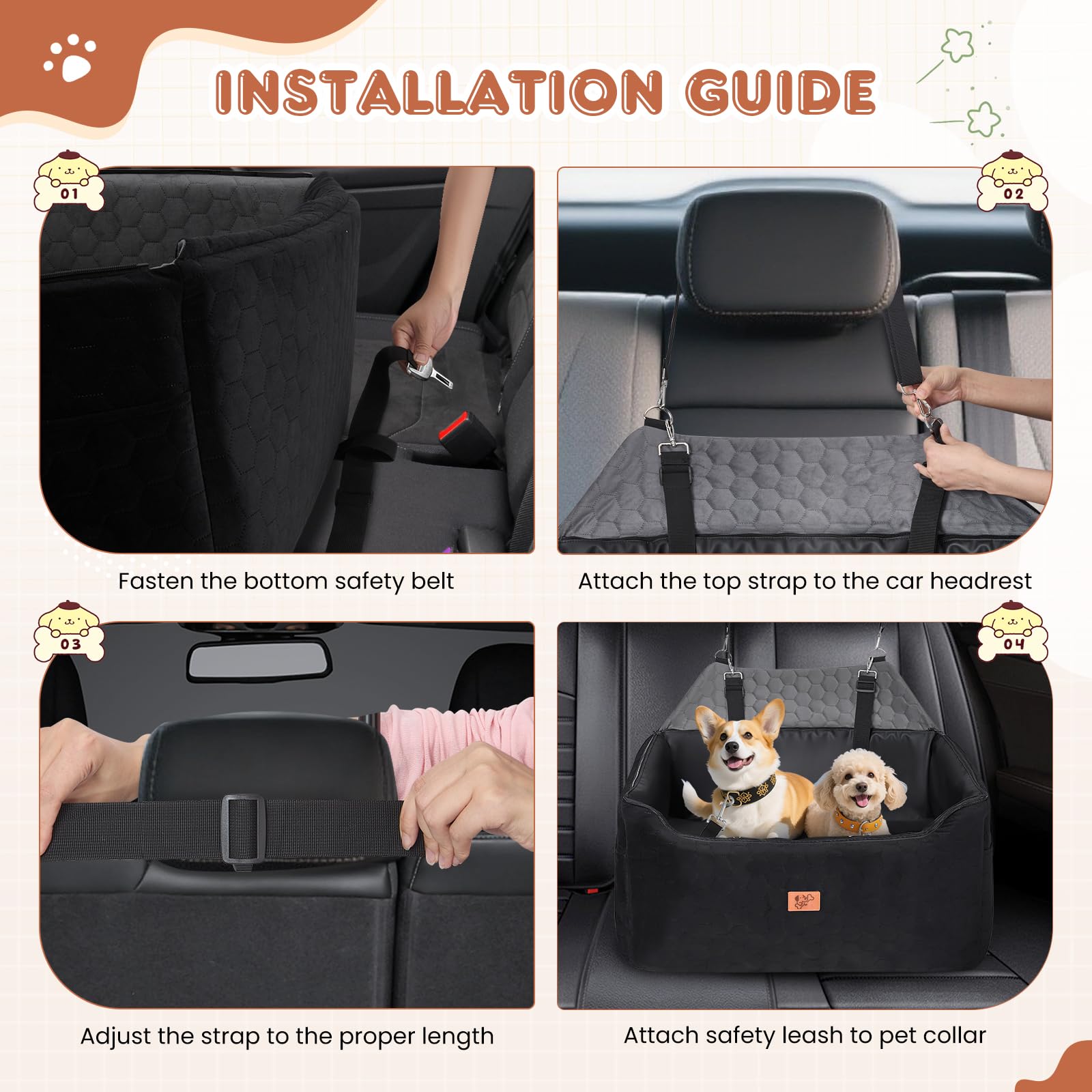 Seggiolino Auto per Cani 78x55x53cm, Rialzo Rimovibile e Lavabile per Cani di Taglia Media e Grande, Guinzaglio Incluso, Seggiolino Cane Auto più Pesanti (con Rivestimento in Pelle Impermeabile)