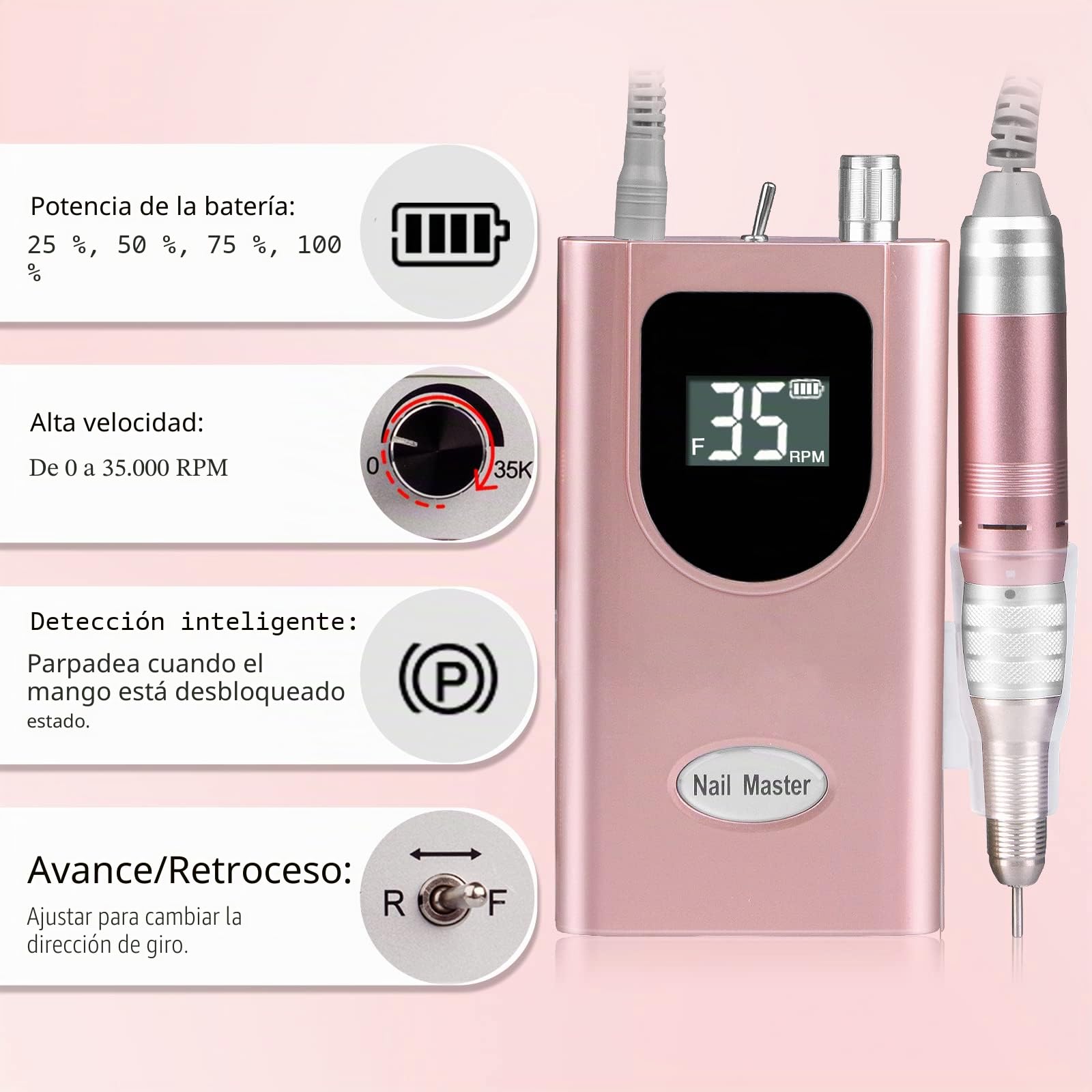 Torno para Uñas Profesional 35000RPM, AZ GOGO Pórtatil ＆ Recargable Torno Uñas Inalambrico para Manicura y Pedicura con 6 Brocas y Pantalla LCD, Lima Electrica para Gel o Acrilicas