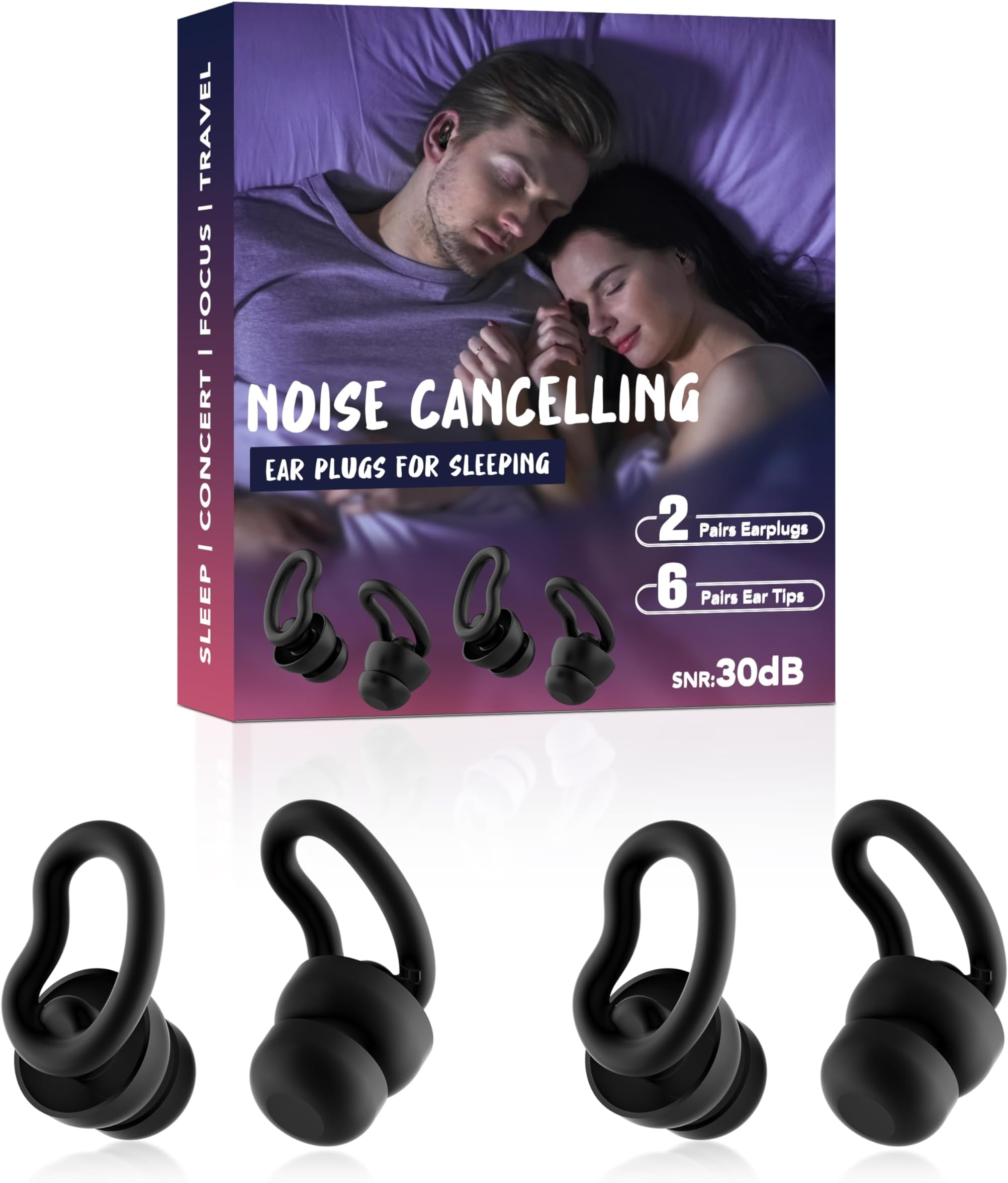Ear Plugs for Sleep - 2 Pairs Reusable Hearing Protection in Silicone, The Best Earplugs for Blocking Out Snoring,30db Noise Cancelling Ear Plugs for Concerts, Work and Traveling