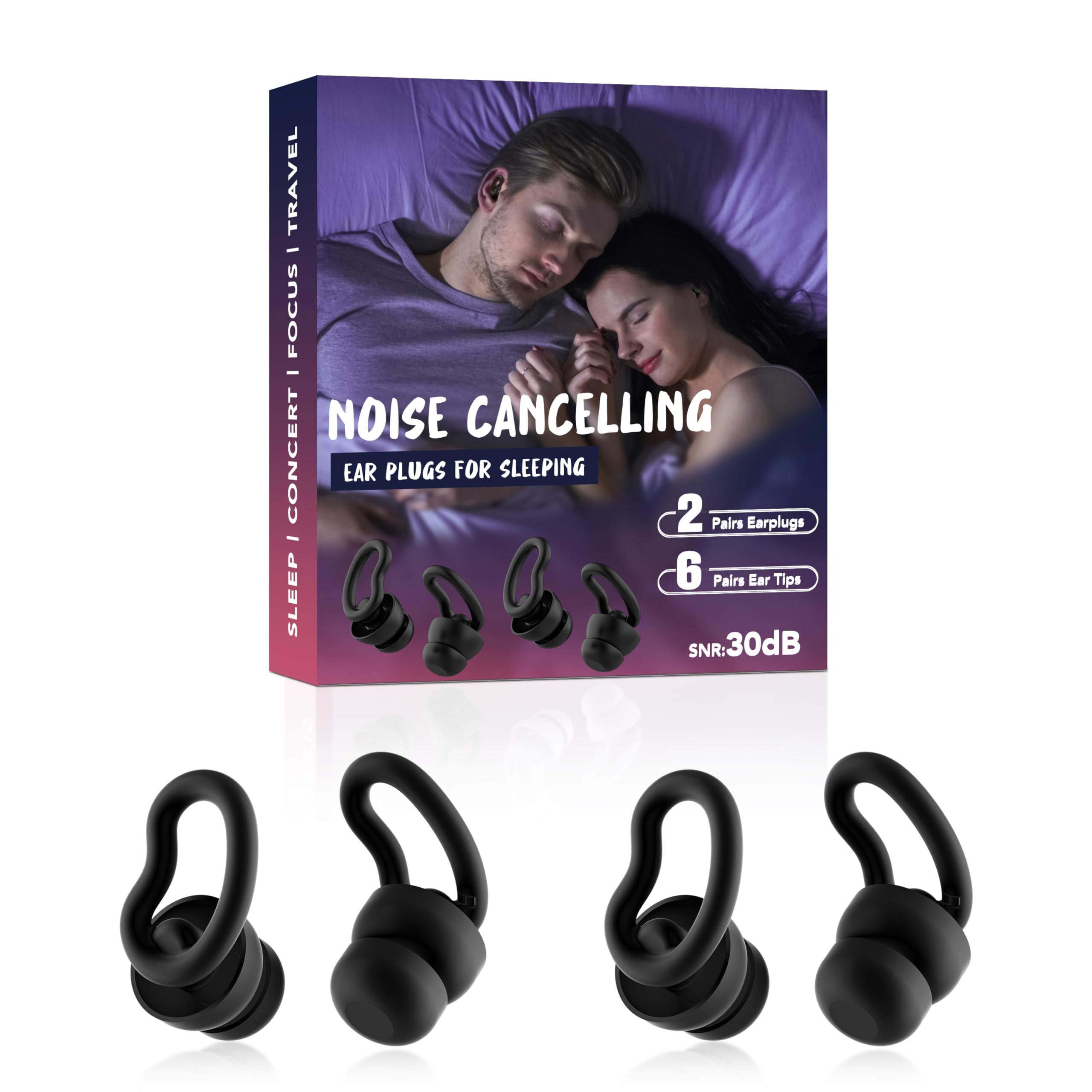 Ear Plugs for Sleep - 2 Pairs Reusable Hearing Protection in Silicone, The Best Earplugs for Blocking Out Snoring,30db Noise Cancelling Ear Plugs for Concerts, Work and Traveling