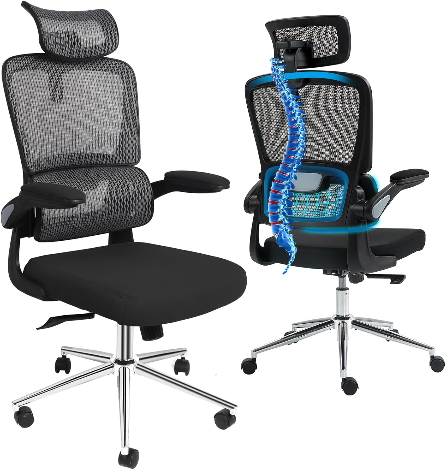 Ergonomic Office Chair, Comfy Computer DeskChair Mesh High Back with Flip-Up Arms and Adjustable Headrest, Swivel RollingChair for Study/Working/Gamer, Black, Large