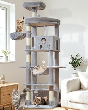 Taoqimiao 79 Inches XXL Cat Tree for Large Cats, for Oversized Cats, Multi-Level Cat Tower, 2 Spacious Cat Condo with 6 Scratching Posts, Hammcock & Cozy Basket, Cat Toys, Light Gray, S10W