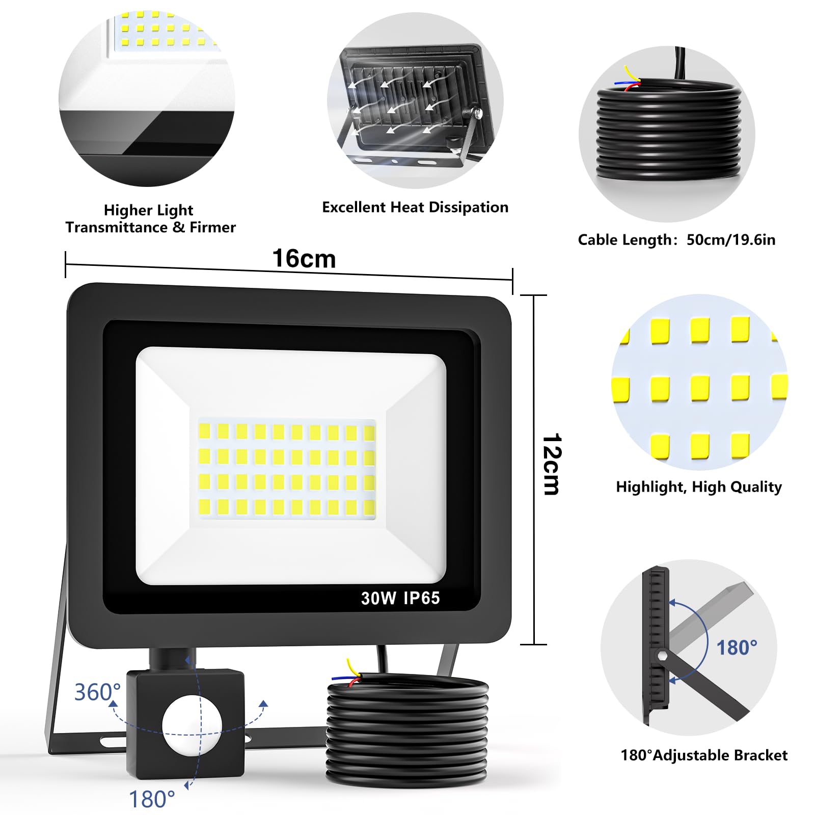 30W Fari Led da Esterno con Sensore di Movimento, IP65 Impermeabile Faretto Led Esterno 3000LM, 40LED 6500K Bianca Fredda - Fari Led Interna ed Esterna per Giardino Cortile Garage
