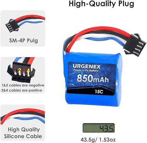 Miniatura 3 de URGENEX Lipo - Batería de 850 mAh 7.4 V (2 x 3.7 V) RC Boat Batería con enchufe SM-4P UDI001 RC Boats Baterías compatibles con RC Boat UDI008 con