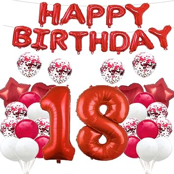 GLZLMM 18th Birthday Balloon Set Red 18 Foil Mylar & Latex Balloons,#39;Happy Birthday Banner, Hearts, Stars & Confetti for Girls, Boys, Women, Men