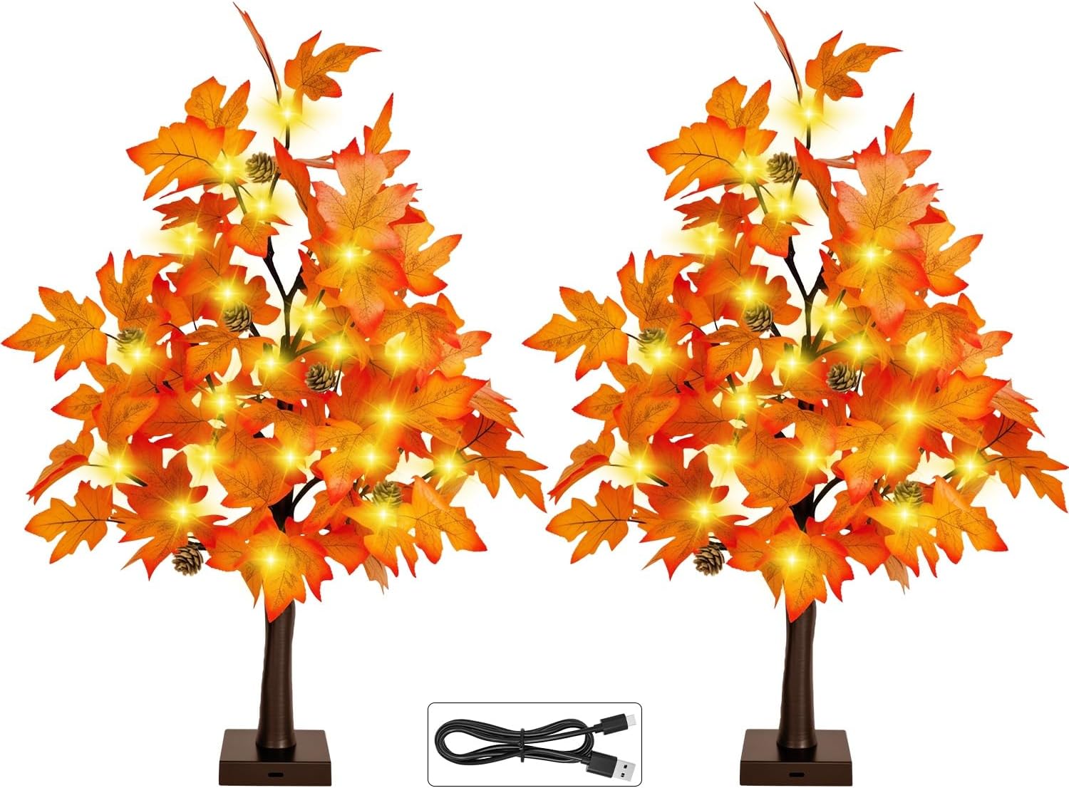 Fall Decor 2FT Lighted Maple Tree - 24 Inch Thanksgiving Tabletop Lamp Decor with 36 LED Lights, 72 Maple Leaves, 6 Pines, Timer, Battery or USB Operated Artificial Tree Fall Decorations for Home