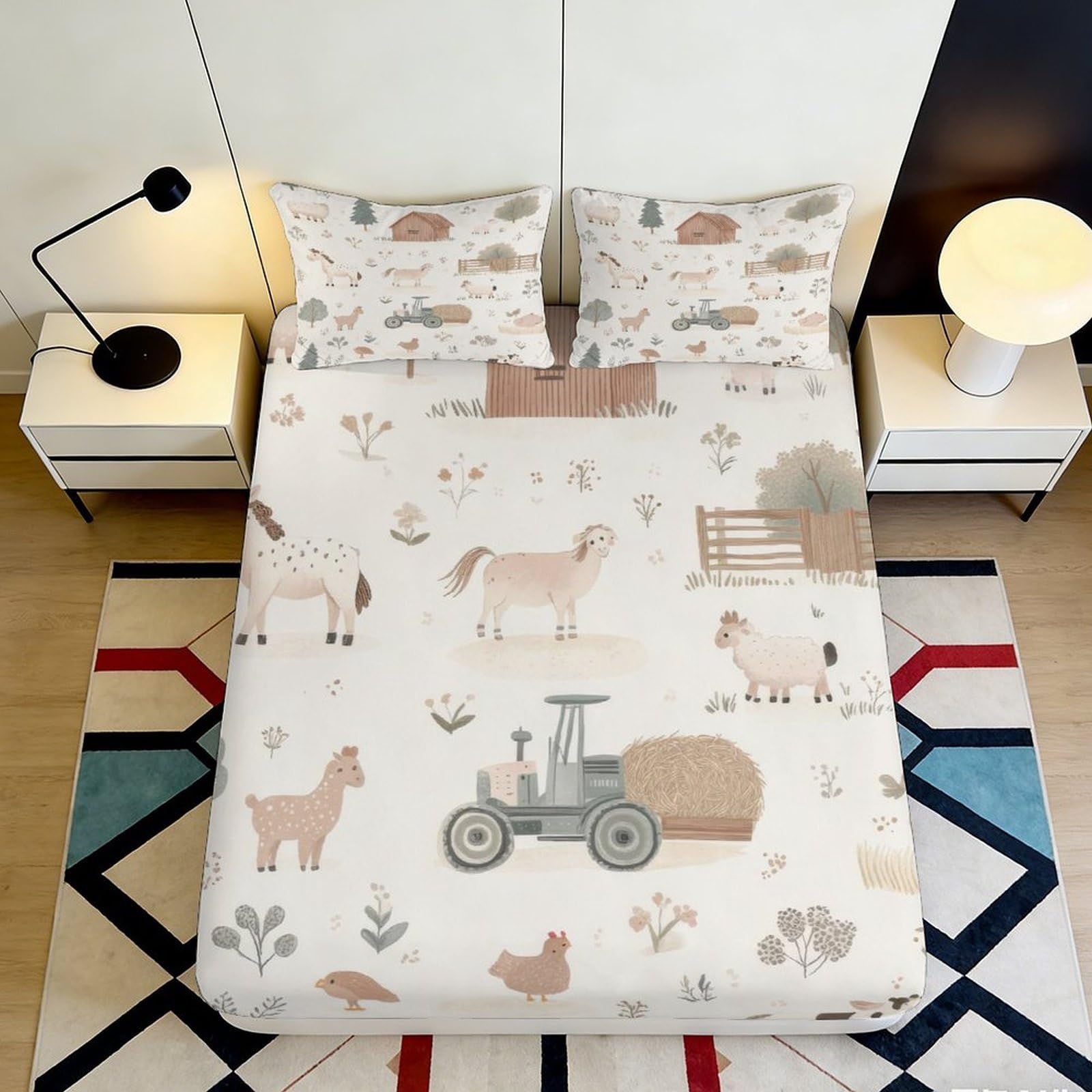 3D Printed Farm Animal Fitted Sheet Microfiber Soft Pastel Tractor Bed Cover for Bedroom Dorm Decor 90x200x25cm