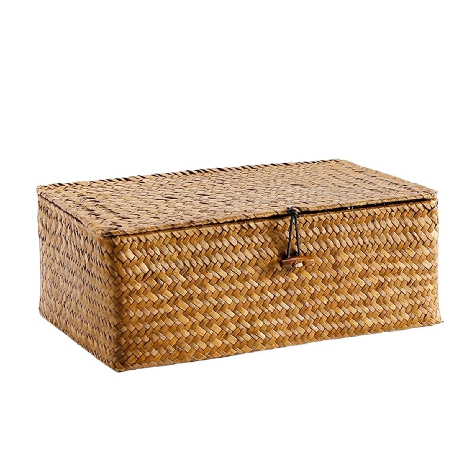 Seaweed Woven Storage Basket Handmade Seagrass Box with Lid Sundries Organzier Baskets Cosmetic Clothes Container For Storage(Brown,M(26x16x10cm))