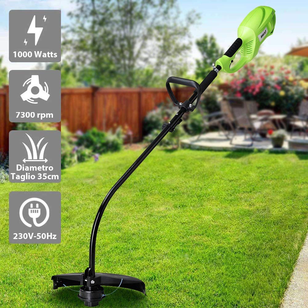 BAKAJI Desbrozadora eléctrica 1000 W 7300 RPM Diámetro Corte 35 cm Cortacésped con Doble Mango Antideslizante cortacésped jardín con Correa y Cable de Nailon de 6 m Incluido