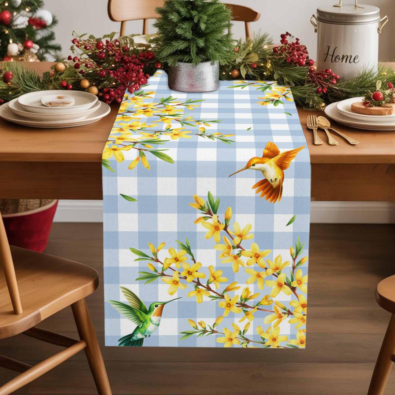 Spring Flowers Table Runner 108 Inches Long, Watercolor Spring Green Yellow Floral Leaf Birds Blue Plaid Washable Table Runners Dining Table Deocrations for Home Decor Holiday Party 13" x 108"