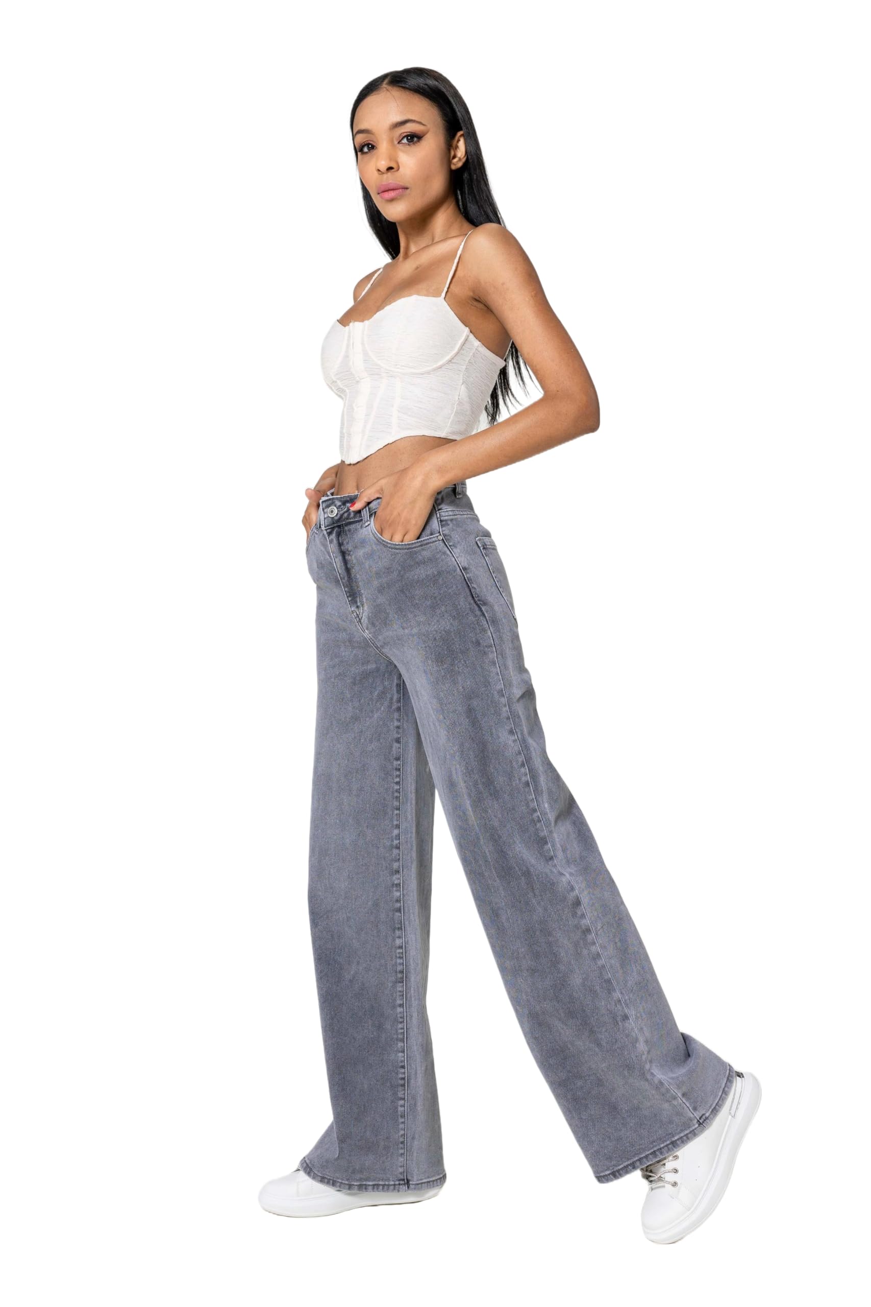 Nina Carter YY300 Pantalones vaqueros de cintura alta para mujer, pierna ancha, elásticos, aspecto desgastado