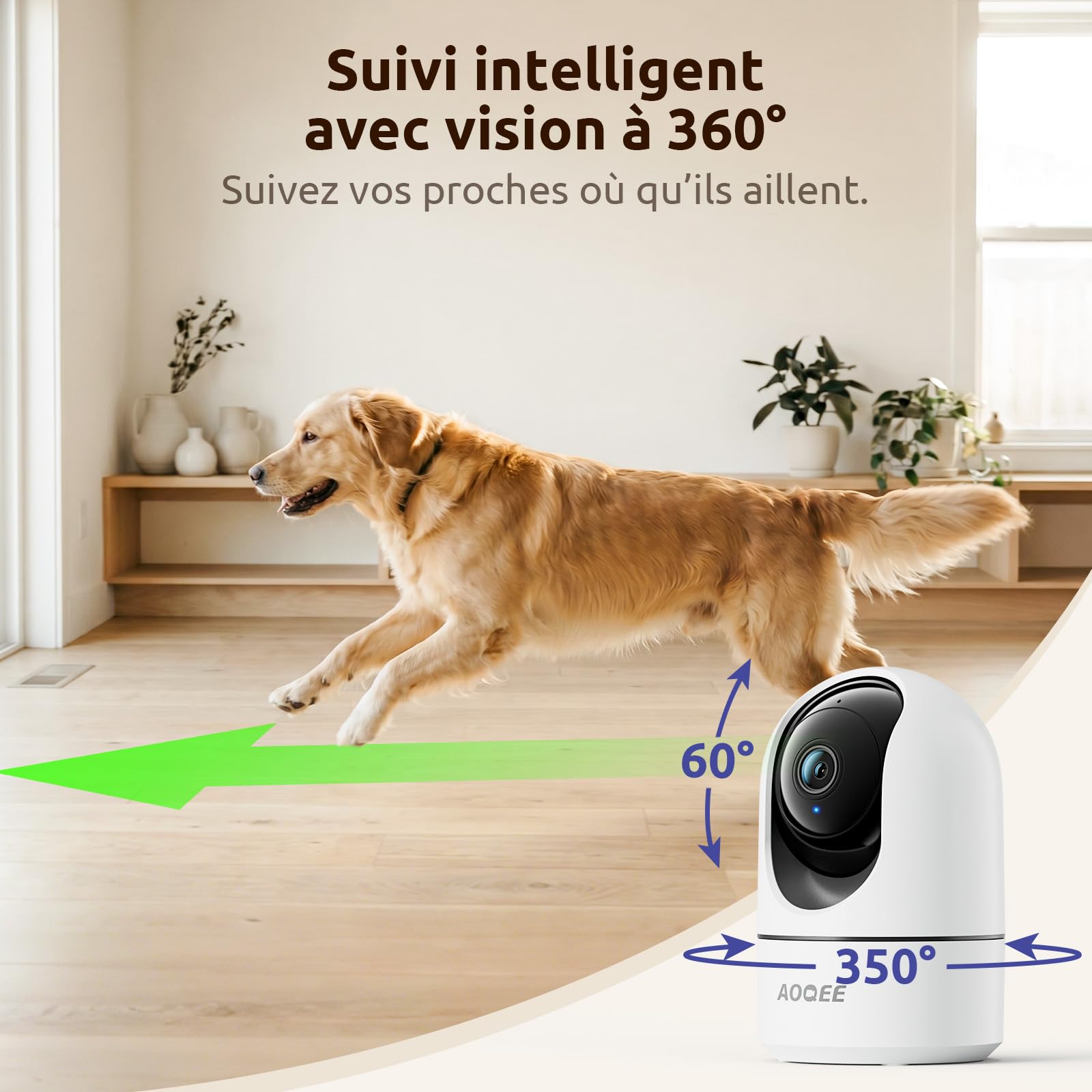 AOQEE 2K 3MP Camera Interieur - 2,4G/5GHz Double Bande Camera Surveillance WiFi, Suivi Intelligent, Détection Humaine IA, Audio Bidirectionnel, Connectée Smartphone pour Bebe/Chat/Chien (Lot de 3)