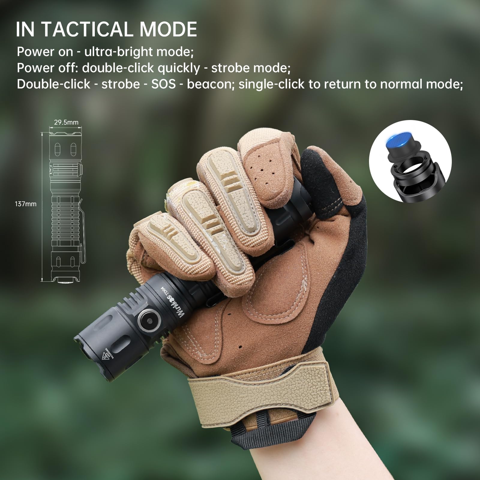 Wurkkos TD04 Torcia tattica a led ricaricabile da 5000mAh, 3000 lumen, torcia a led con interruttore tattico nero, IPX8,torcia led potente professionale torcia led ricaricabile potente