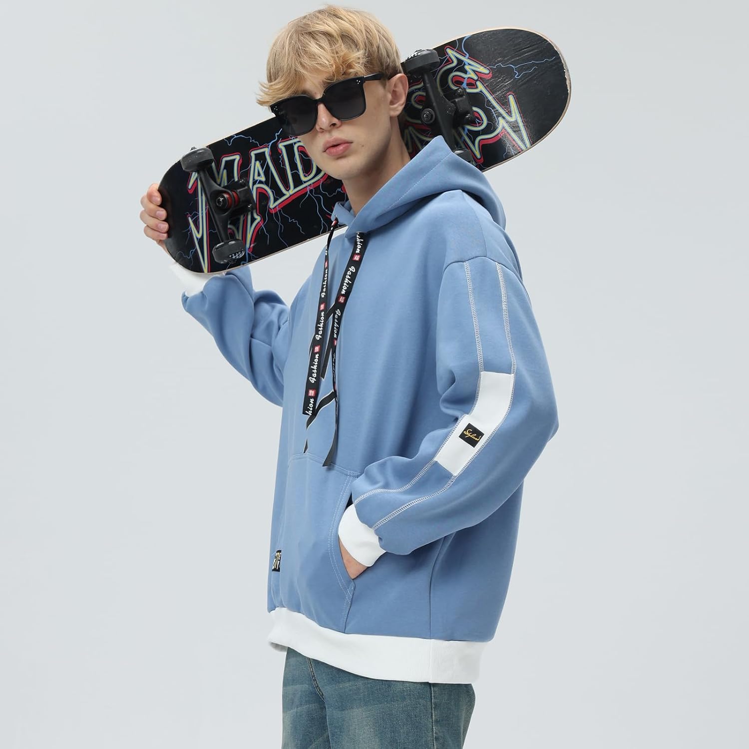 Men's Hoodie Patchwork Contrast Color Hoodies Casual Baggy Sweatshirt Pullover - Image 3
