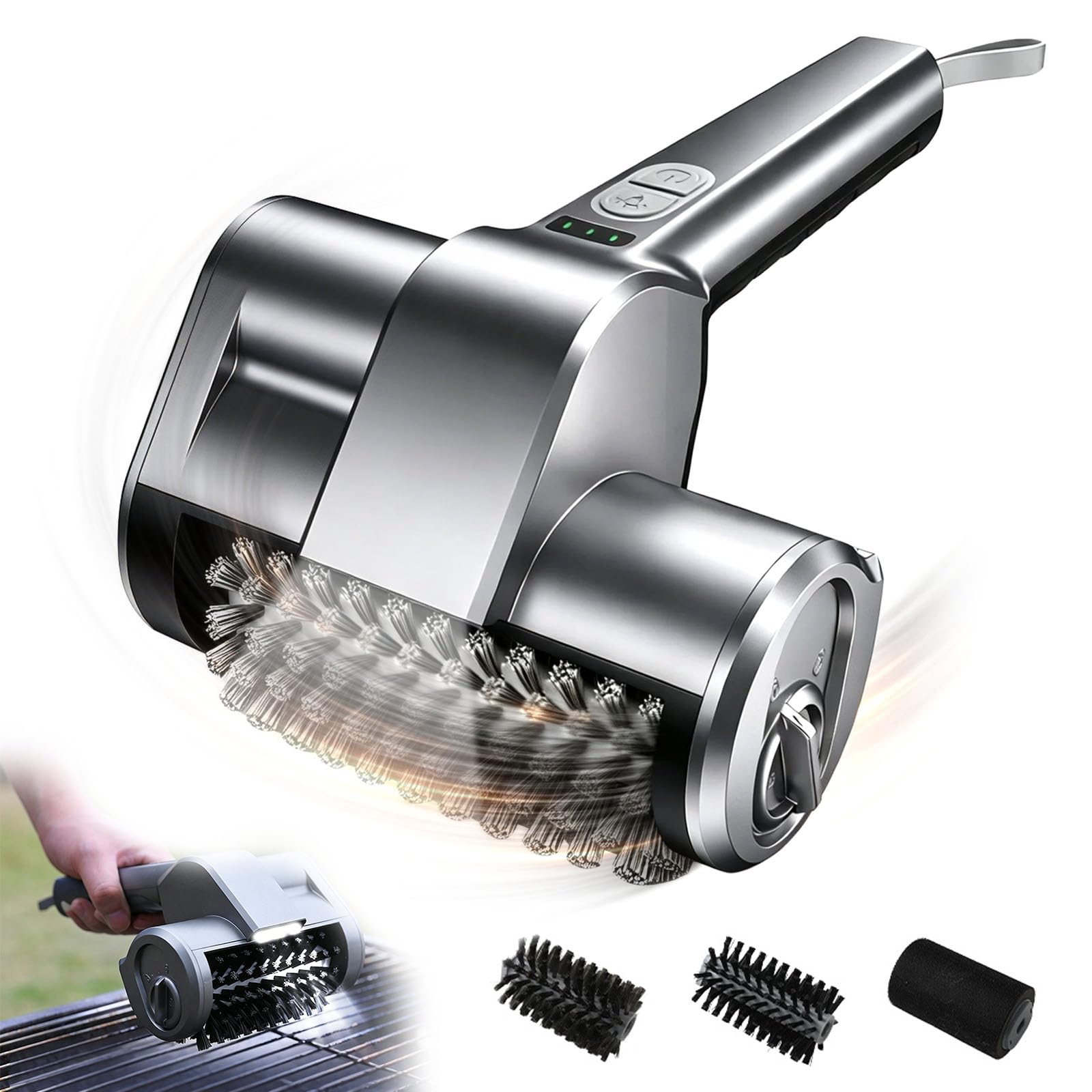 Spazzola Elettrica per Barbecue con Paraspruzzi, 2 Velocità, Luce LED, 3 Testine Intercambiabili – Potente Pulizia per Tutte le Griglie – Pulisci Griglia Bbq Elettrico, Grill Brush Elettrico