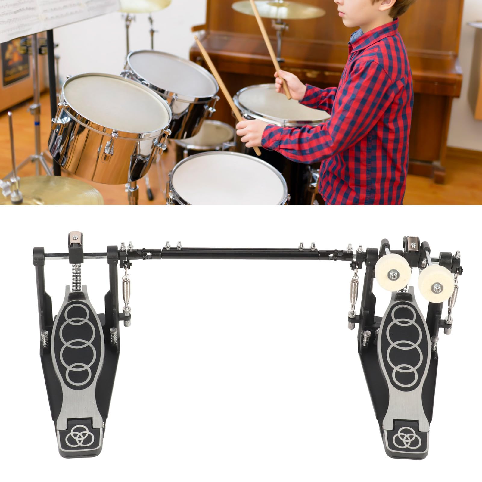Pedale a doppio tamburo, pedale per grancassa con doppi battenti, pedale per batteria jazz in lega di alluminio antiscivolo e a tensione regolabile per set di batteria acustici ed
