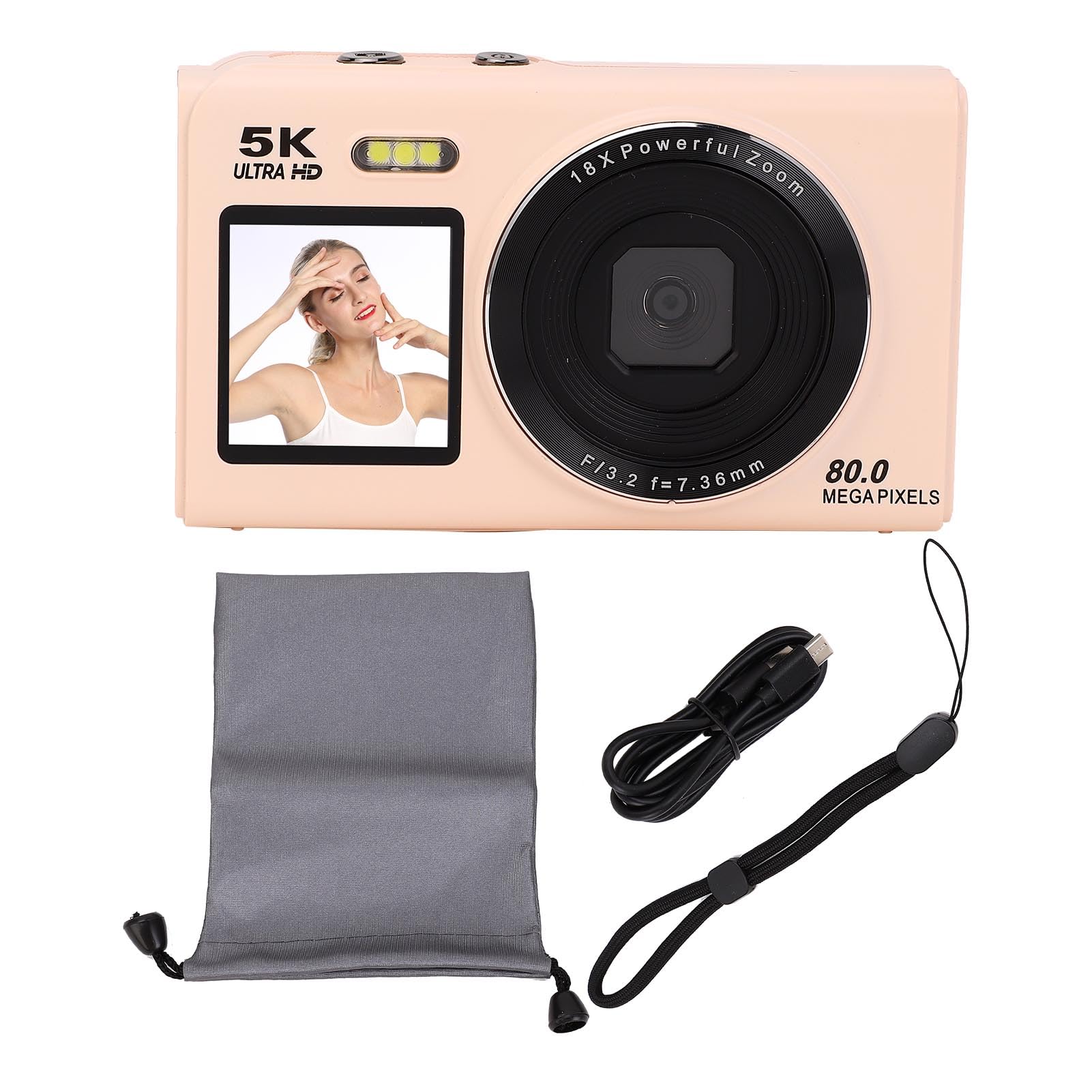 Fockety Fotocamera Digitale 5k per Fotografia, Fotocamera da Vlog Wifi Zoom da 80 MP 18x Zoom per YouTube, Videocamere Portatili Compatta con Flash per Bambini, Streaming Live (Roseo)