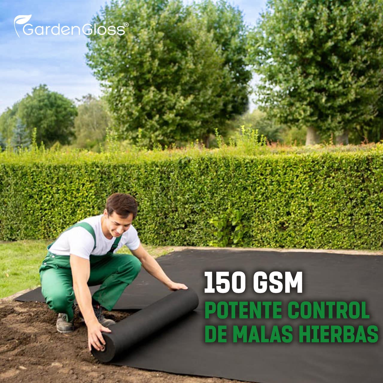 GardenGloss 50m² Premium Tela Antihierba contra Las Malas Hierbas - 150g/m² Extra Fuerte - Mallas Antihierba Resistente al Desgaste 50g/m² - Alta estabilización UV (50m x 1m, 1 Rollo)