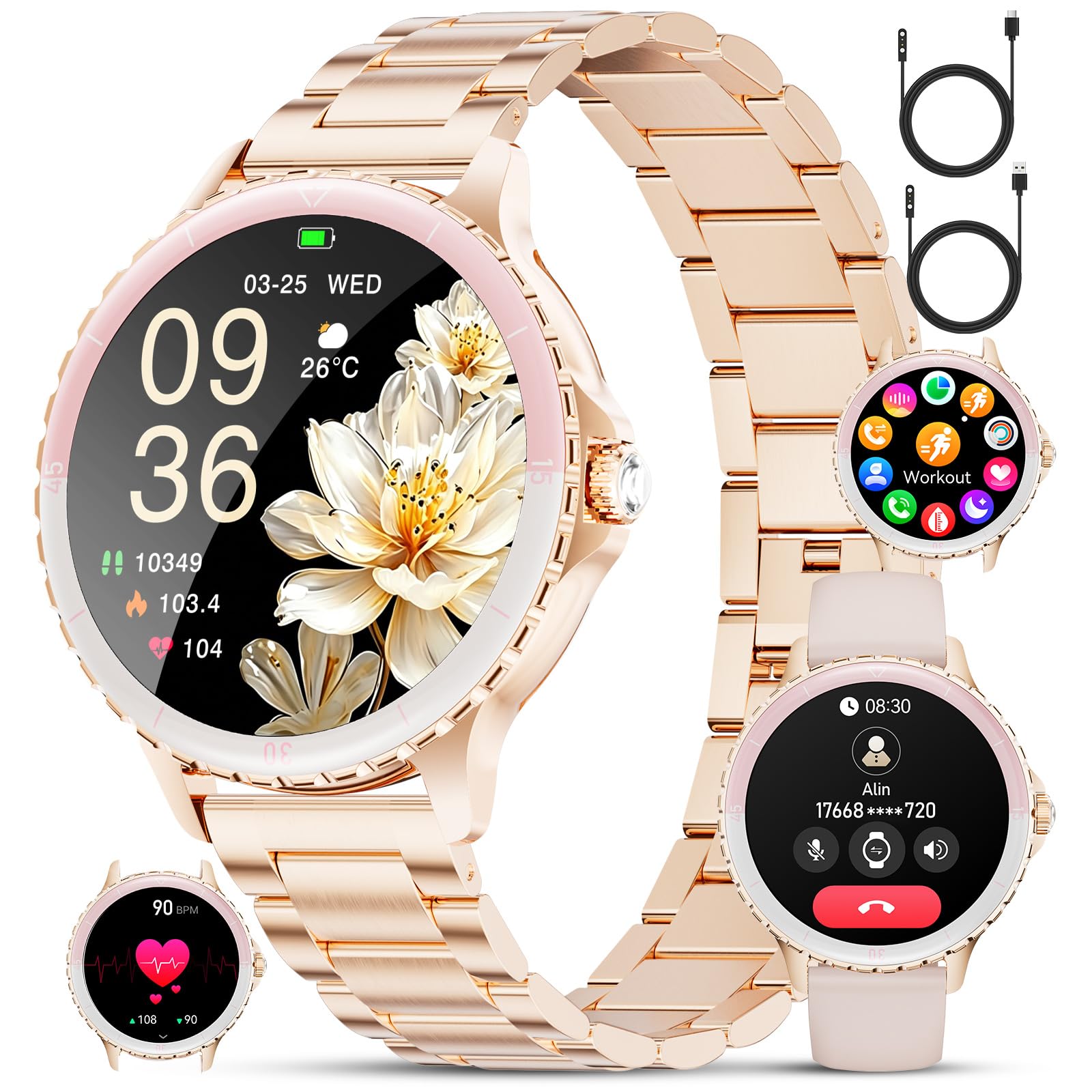 Montre Connectée Femme Ronde, 1,27" Smartwatch Femme avec Appel Bluetooth, Montre Intelligente Santé Féminine Fréquence Cardiaque SpO2 Sommeil Montre Fitness Podomètre, Or Rose