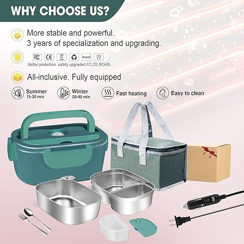 Miniatura 6 de LAVAED Fiambrera eléctrica para adultos de 80 W, calentamiento rápido, 2 en 1, calentador portátil con calefacción para automóvil, camión, oficina,