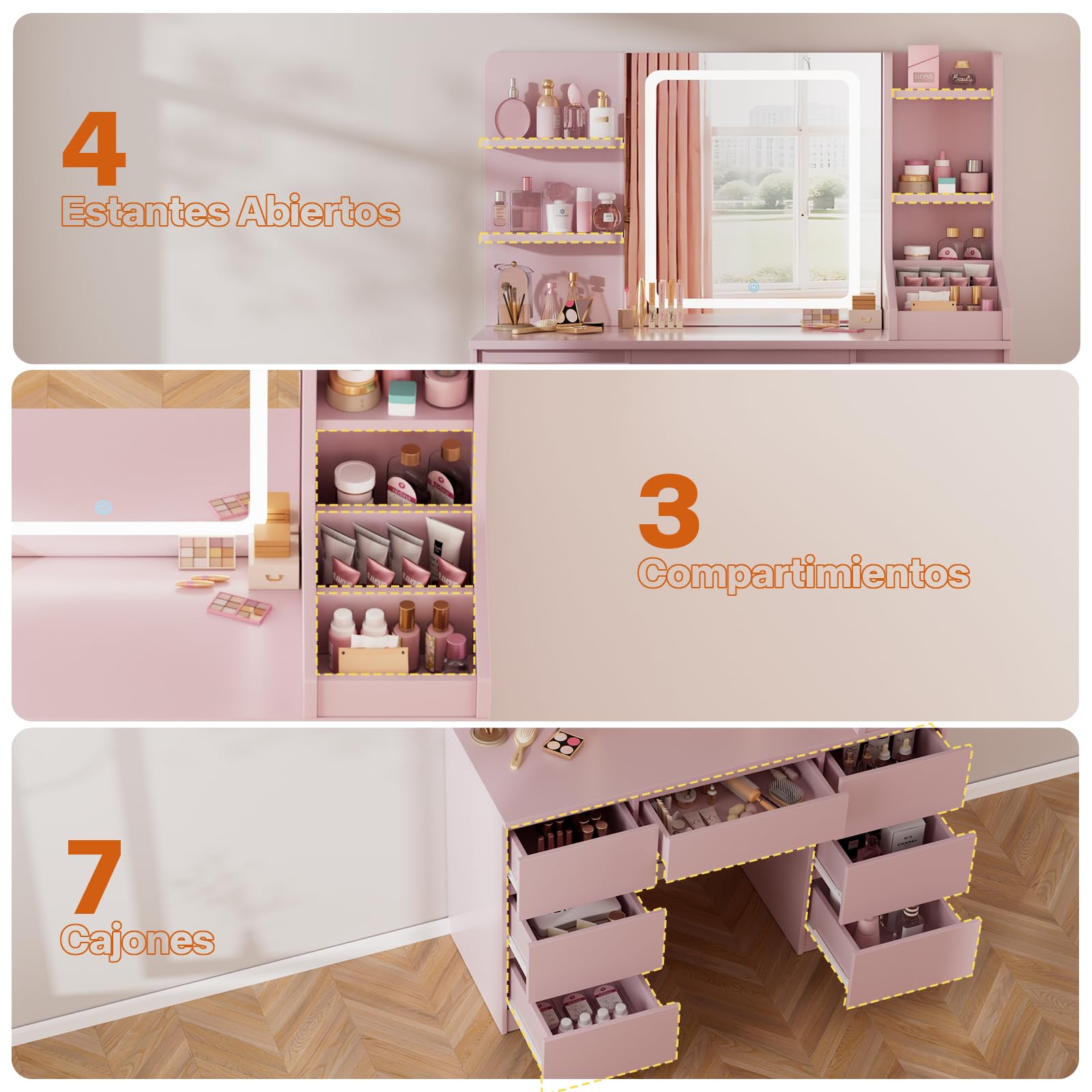 Airfish Tocador Grande, Tocador de Maquillaje Moderno con Espejo LED y 3 Tonos, Brillo Ajustable, Mesa de Maquillaje con 4 Estantes y 7 Cajones, 3 Compartimentos Abiertos Rosa