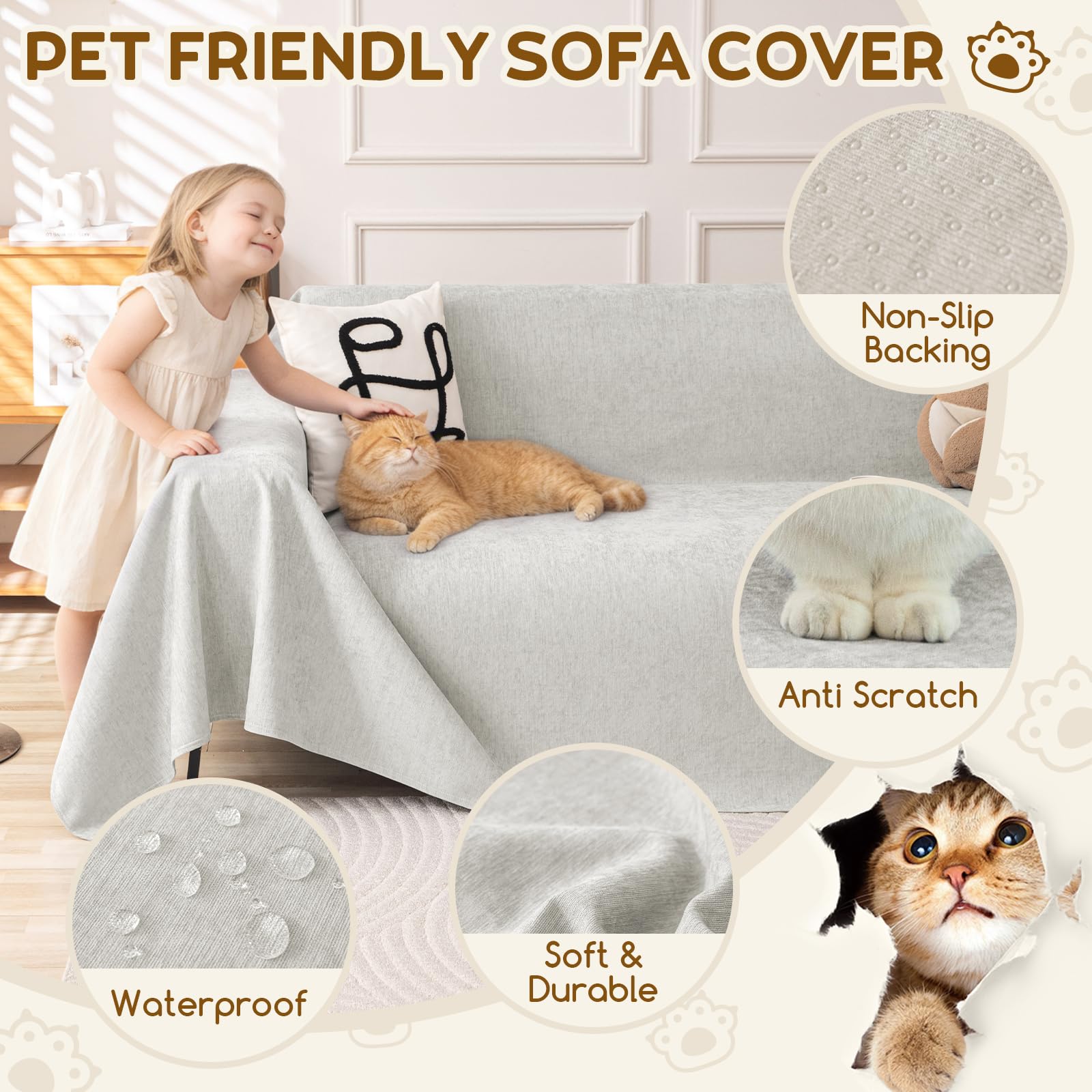 OstepDecor Funda de Sofá Impermeable 2 3 4 Plazas 180 x 340 cm, Cubre Sofá Chenilla Antigarras para Gatos, Protector de Sofá Anti-Manchas, Resistente al Desgaste, Fácil de Limpiar, Gris Claro