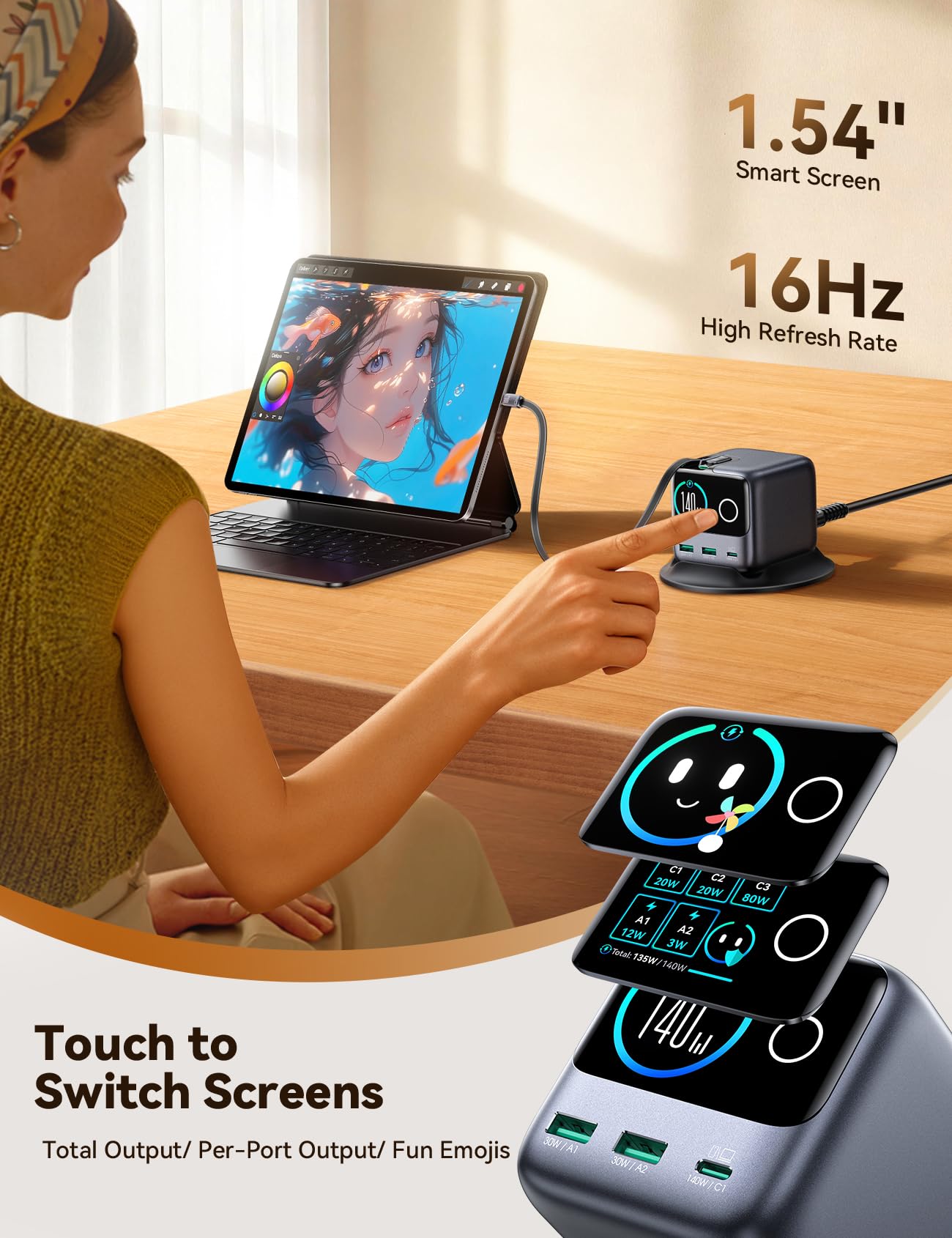 JOYROOM PODIX 140W 5‑in‑1 GaN Ultra Ladelstation, USB‑C Schnellladegerät mit 2 retraktablen 100W Kabeln (80 cm), 1,54" Smart LCD‑Anzeige, kompatibel mit MacBook, iPhone, Samsung | Für Büro & Zuhause