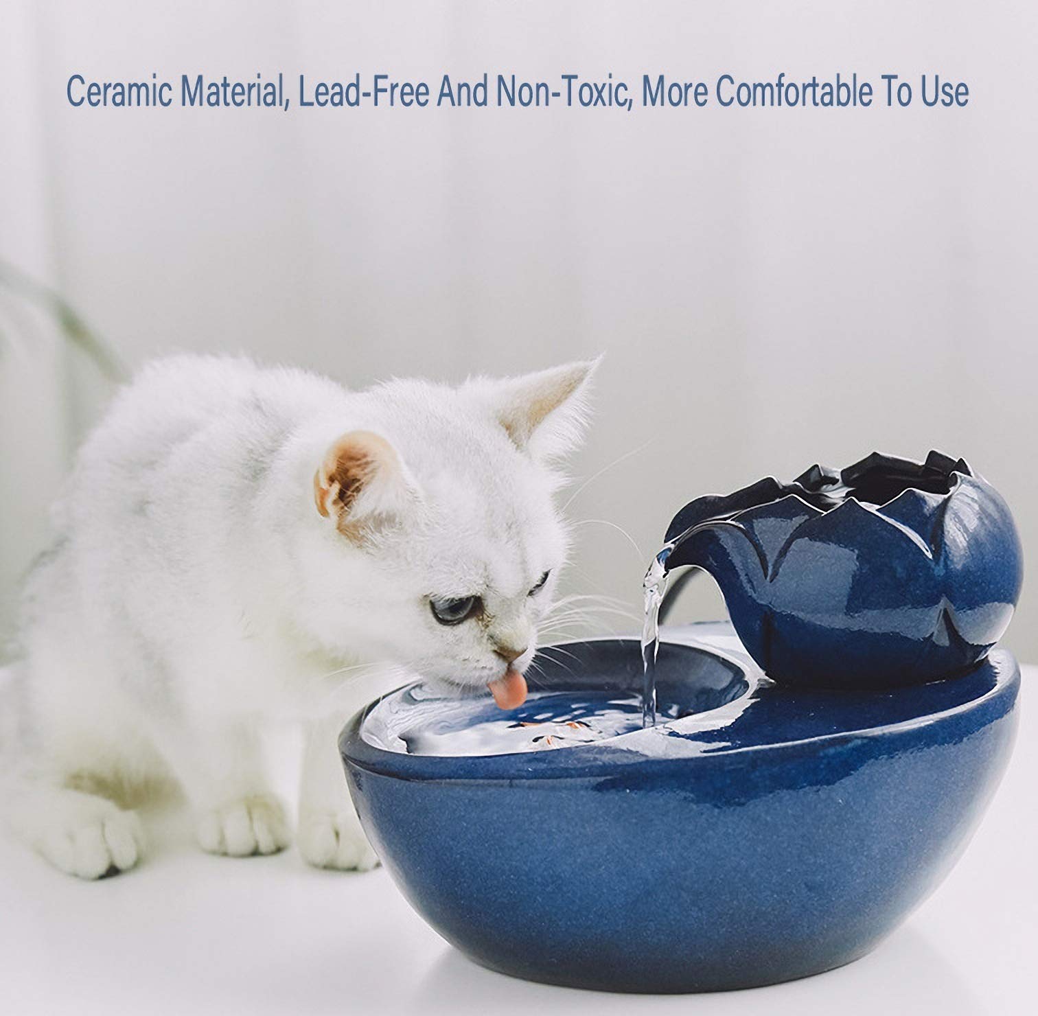Fuente de Agua para Gatos de Cerámica, Bebedero Gatos Fuente de Cerámica, 1.5L, Fuente de Agua para Gatos y Perros con Filtros y USB, Voltaje de Seguridad de 5V (Color : Azul)