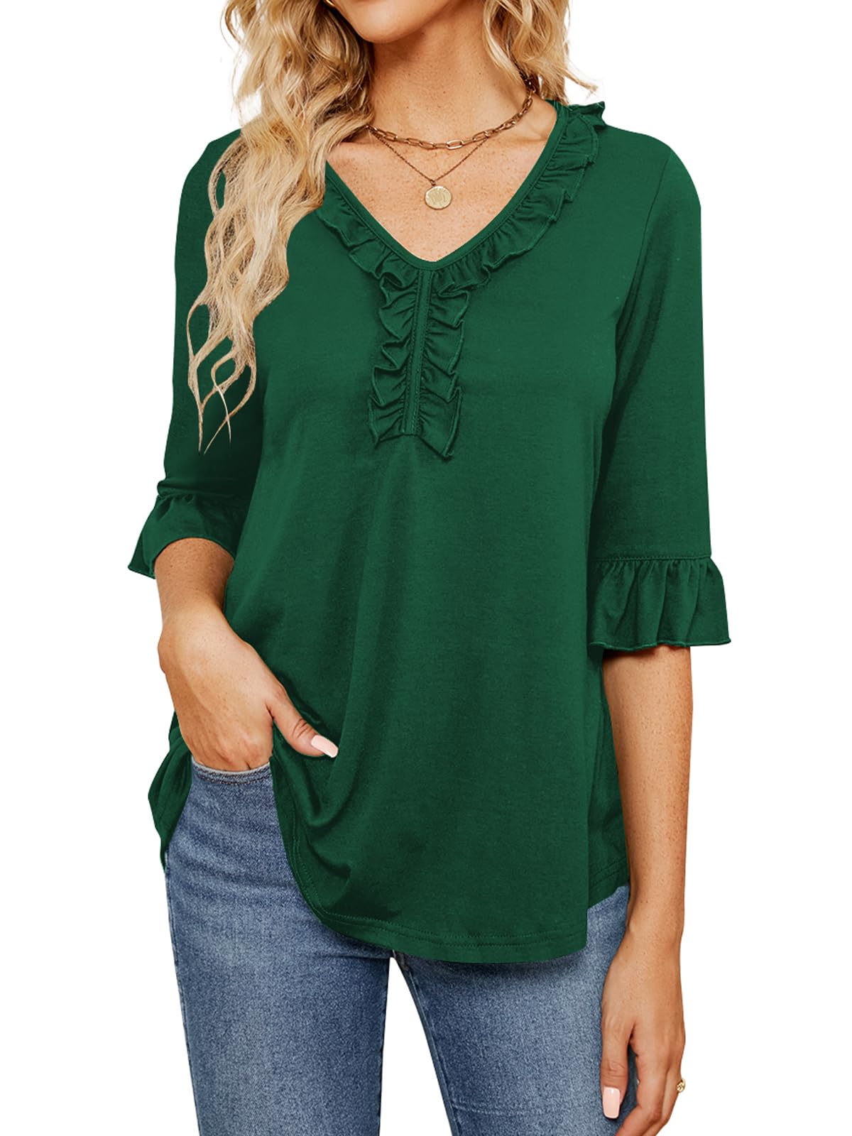 Poetsky Women's 3/4 Sleeve Tops Casual V Neck Shirts Loose Ruffle Tunic Blouses