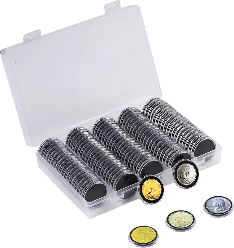 A.I.FORCE 100Pcs 30mm Plastic Coin Capsule Holder with 5-Size Foam Gasket | Clear Round Silver Dollar Coin Case with Storage Organizer Box for Coin Collection Supplies, Black Gasket 17/20/25/27/30mm
