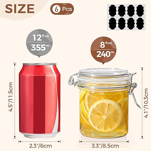 Miniatura 2 de ComSaf Juego de 6 frascos de vidrio herméticos pequeños de 8 onzas con tapas, tarros redondos para almacenamiento de alimentos, mini recipiente de
